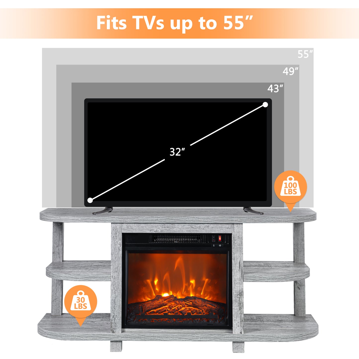 IHOMEADORE 48" White TV Stand with 18" Insert Electric Fireplace for TVs up to 55", Farmhouse
