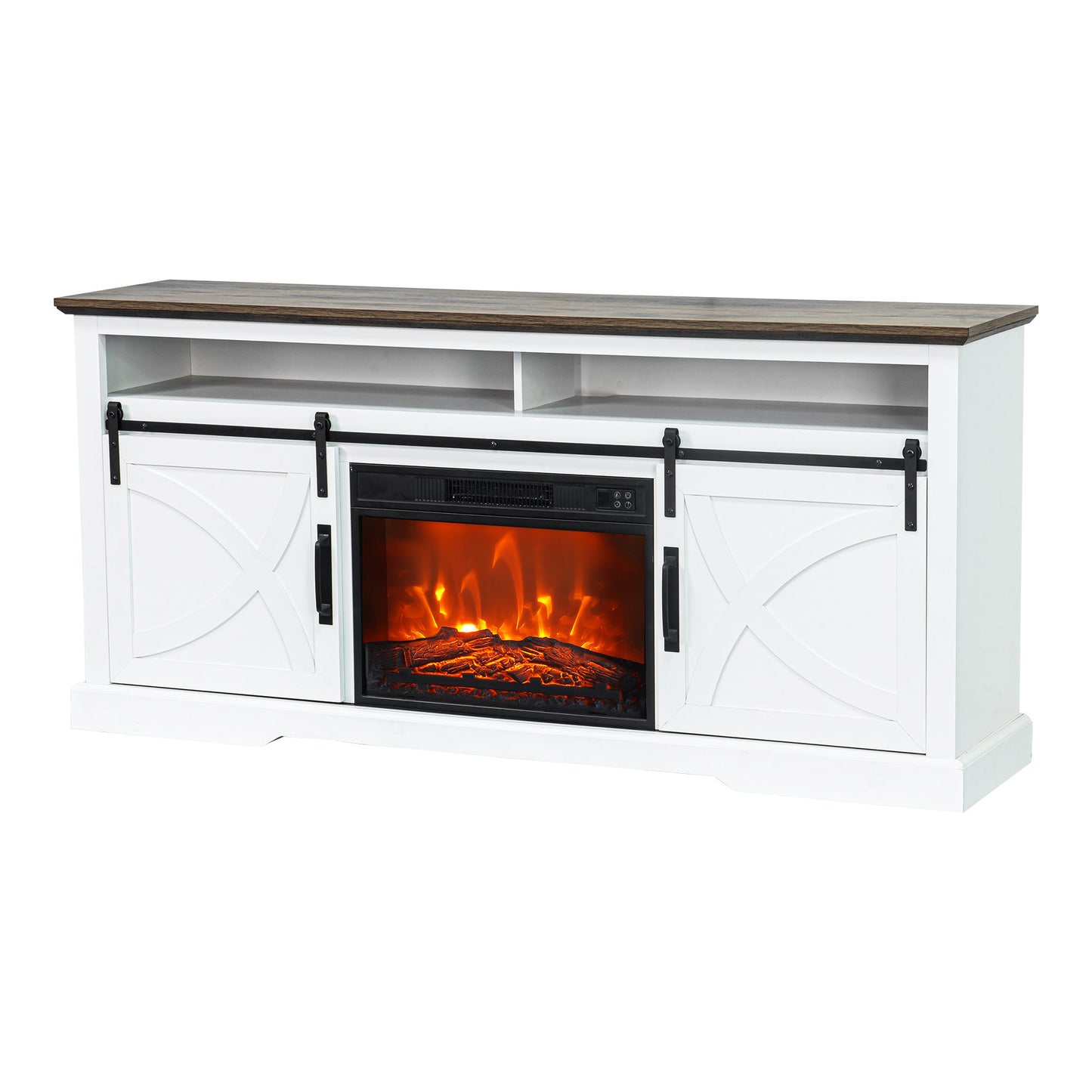 IHOMEADORE 68" White Sliding Barn Door Fireplace TV Stands Console Table with 23" Electric Fireplace, Farmhouse