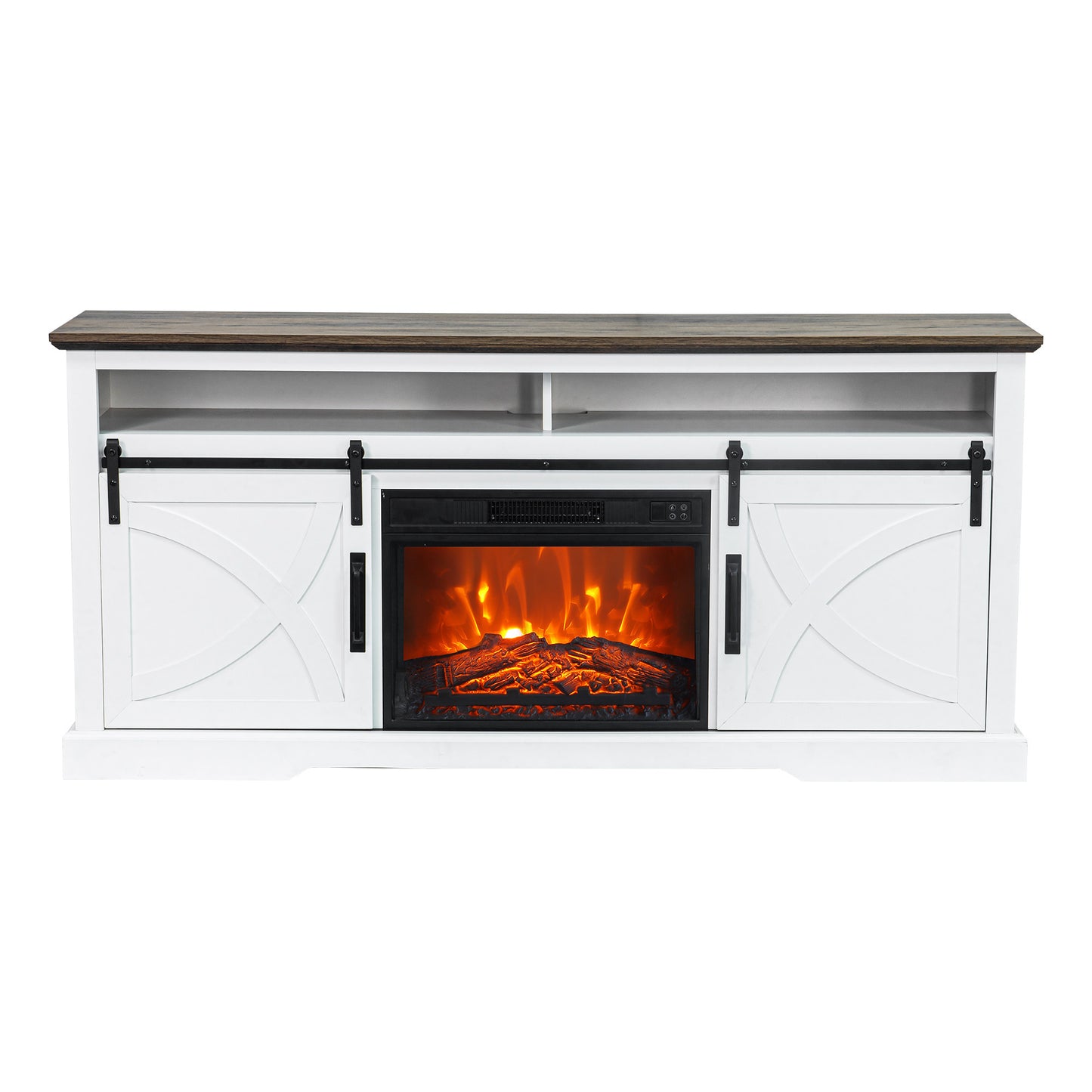 IHOMEADORE 68" White Sliding Barn Door Fireplace TV Stands Console Table with 23" Electric Fireplace, Farmhouse
