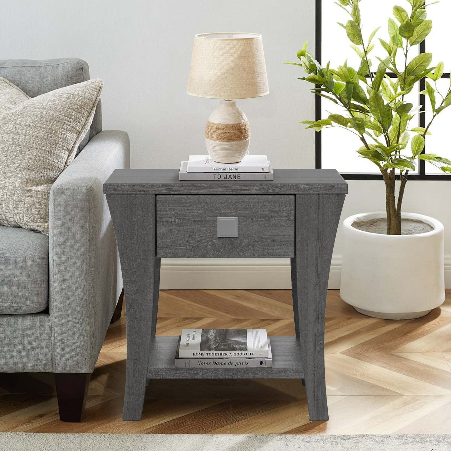 22" Gray Rustic Storage Side Table with Open Shelf, Farmhouse