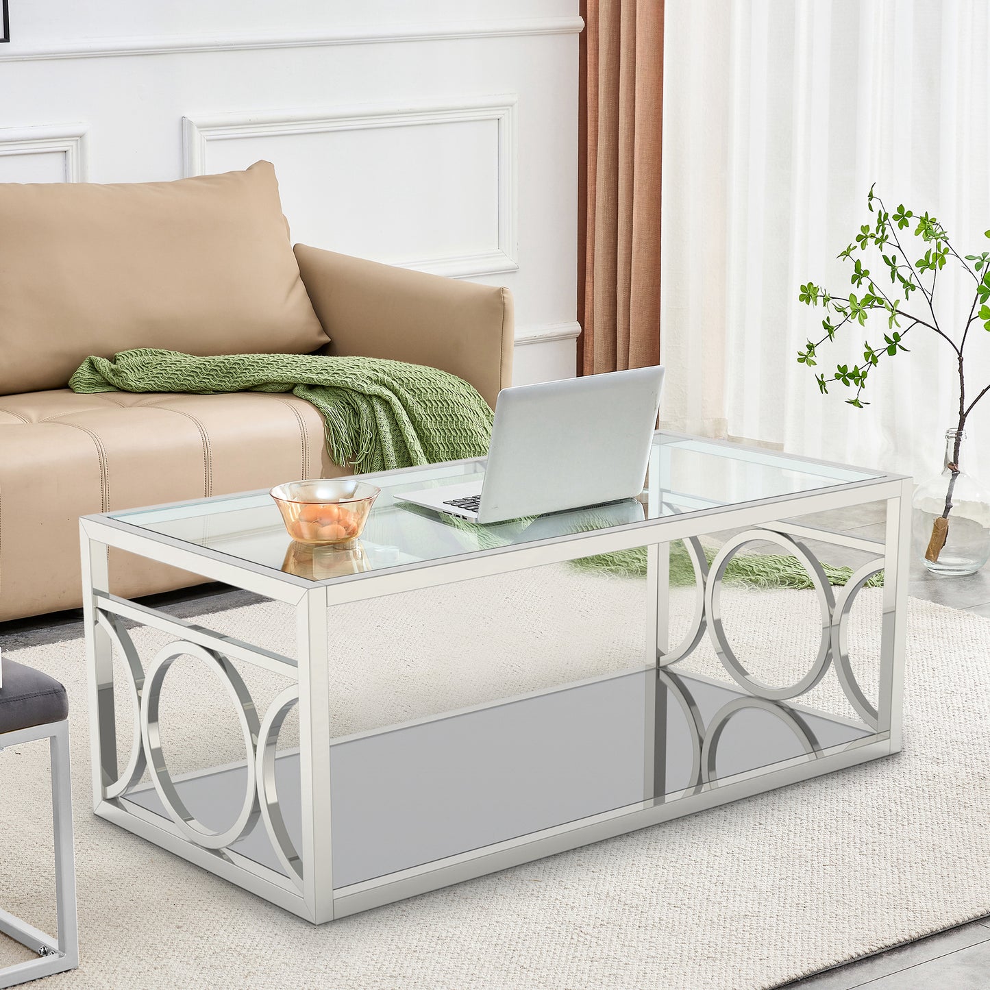 47.25"L Chrome Modern Coffee Table with Glass Top and Mirror Circle Accents