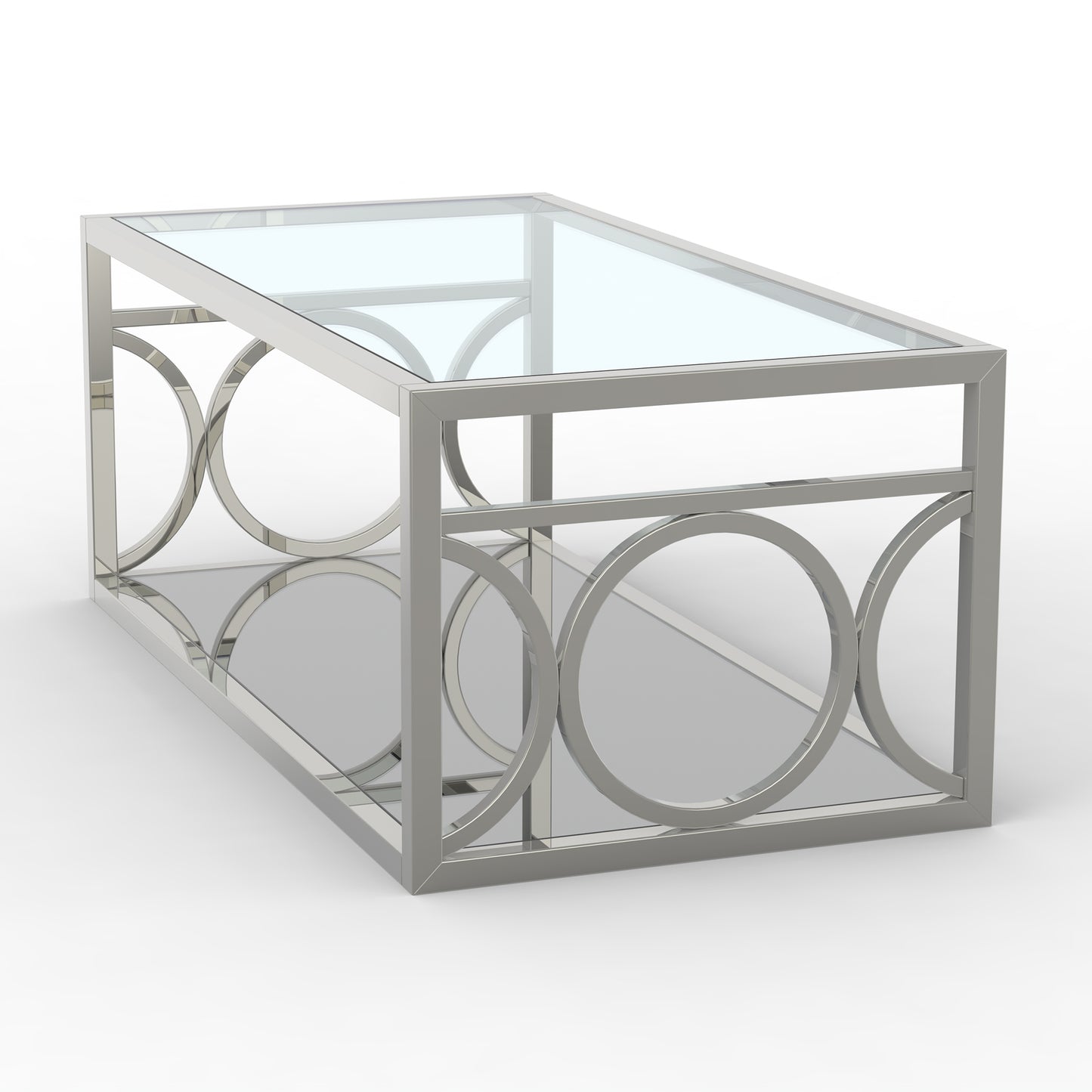 47.25"L Chrome Modern Coffee Table with Glass Top and Mirror Circle Accents