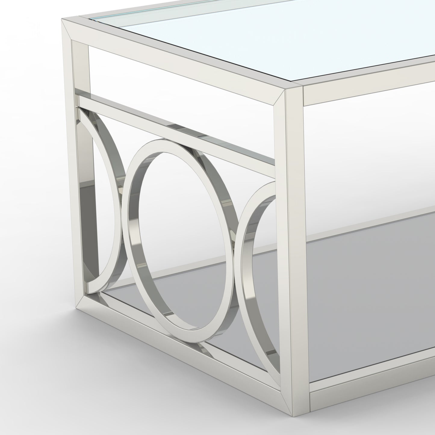 47.25"L Chrome Modern Coffee Table with Glass Top and Mirror Circle Accents