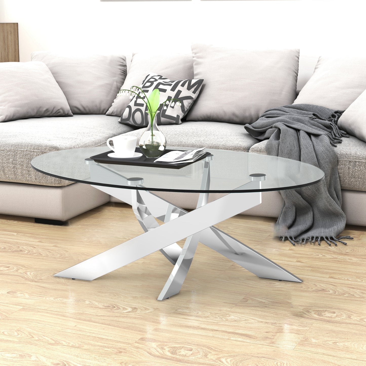 47.25"L Chrome Modern Coffee Table with 10mm Tempered Glass Top