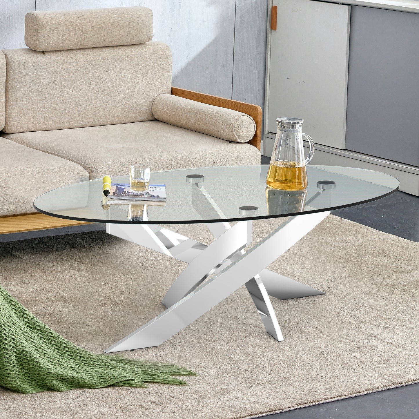 47.25"L Chrome Modern Coffee Table with 10mm Tempered Glass Top
