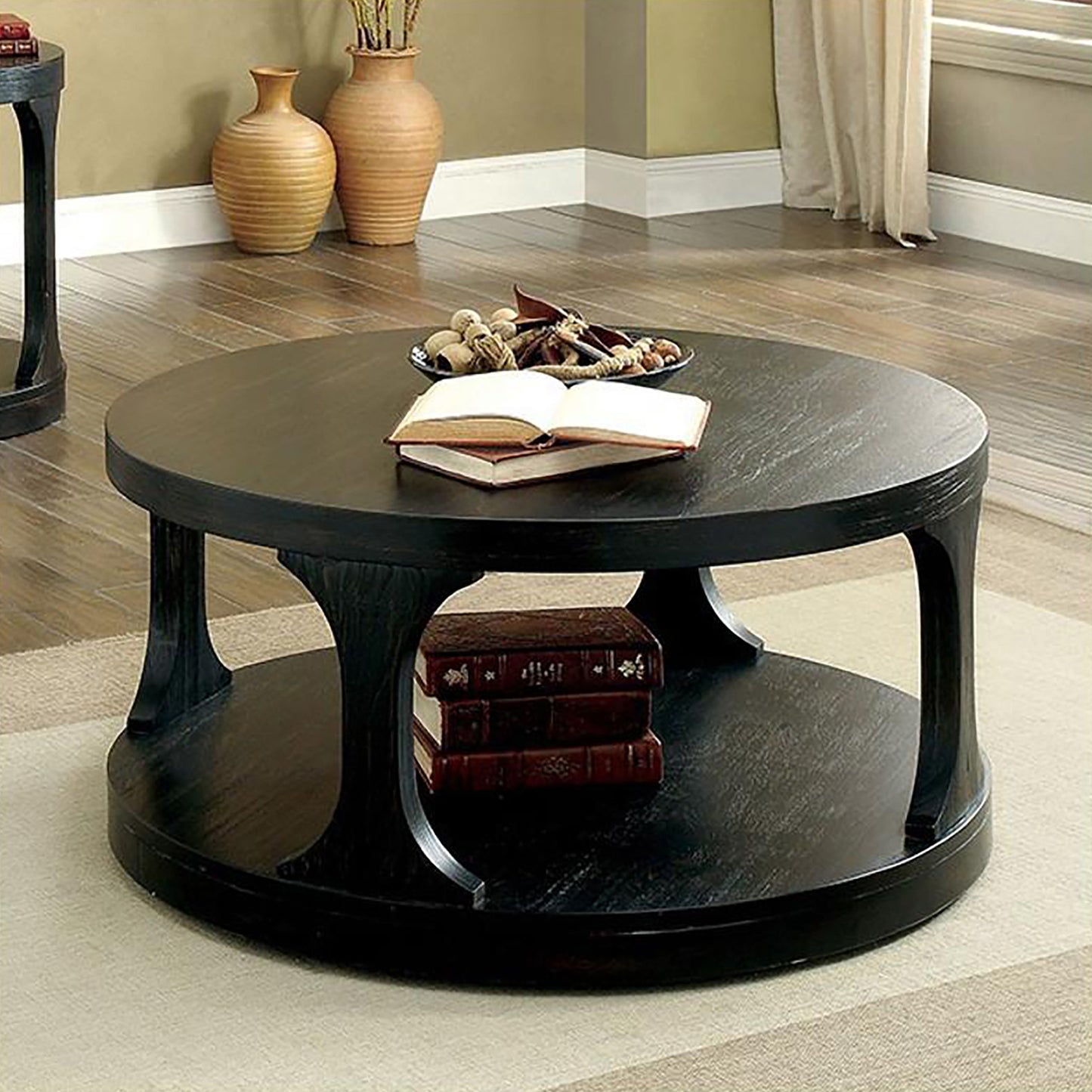36" Round Traditional Coffee Table in Antique Black with Open Shelf
