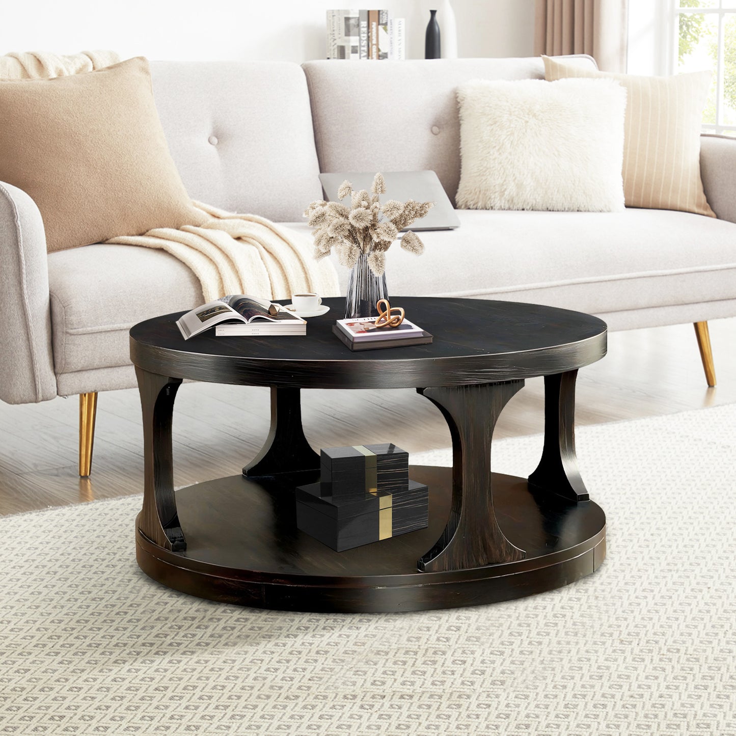 36" Round Traditional Coffee Table in Antique Black with Open Shelf