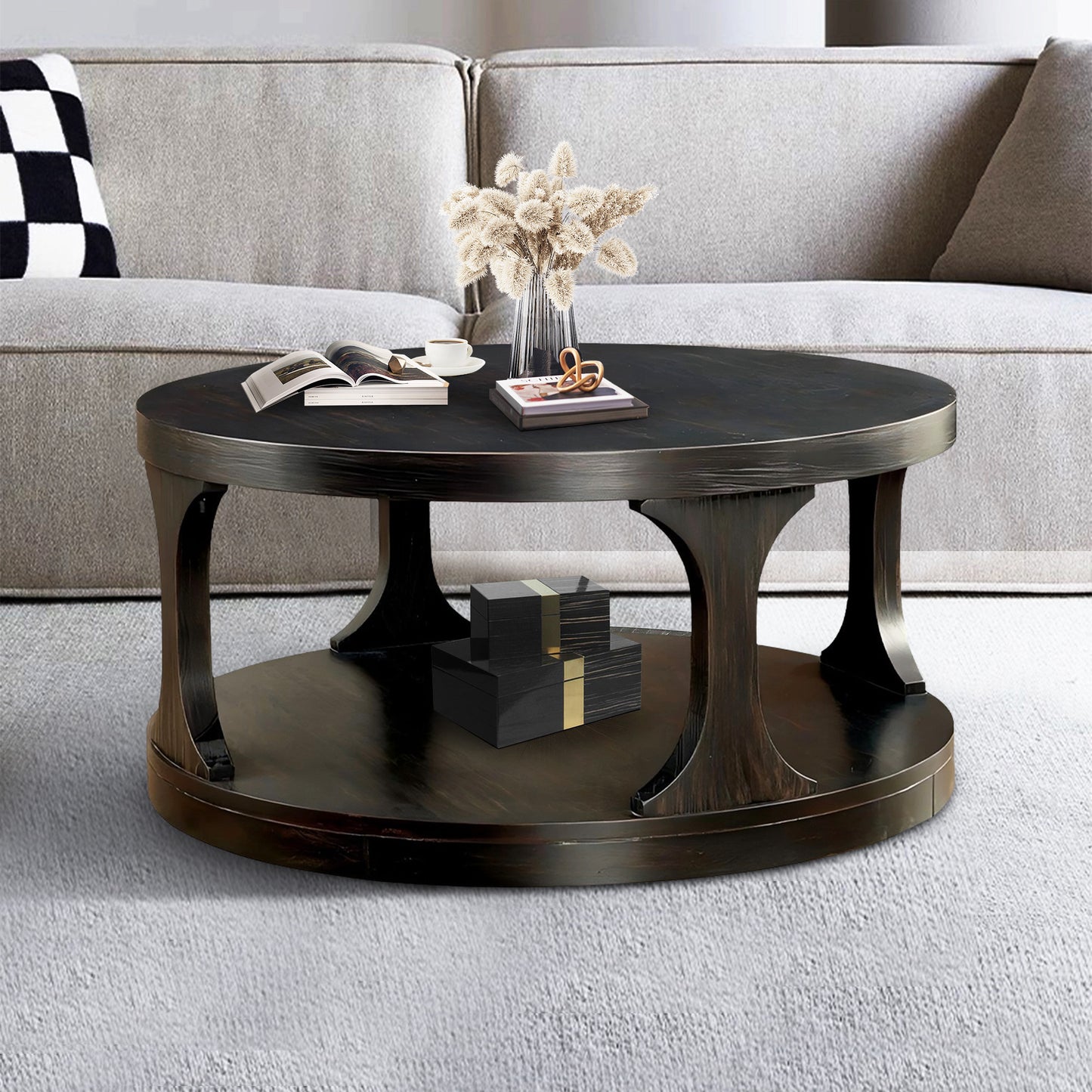 36" Round Traditional Coffee Table in Antique Black with Open Shelf