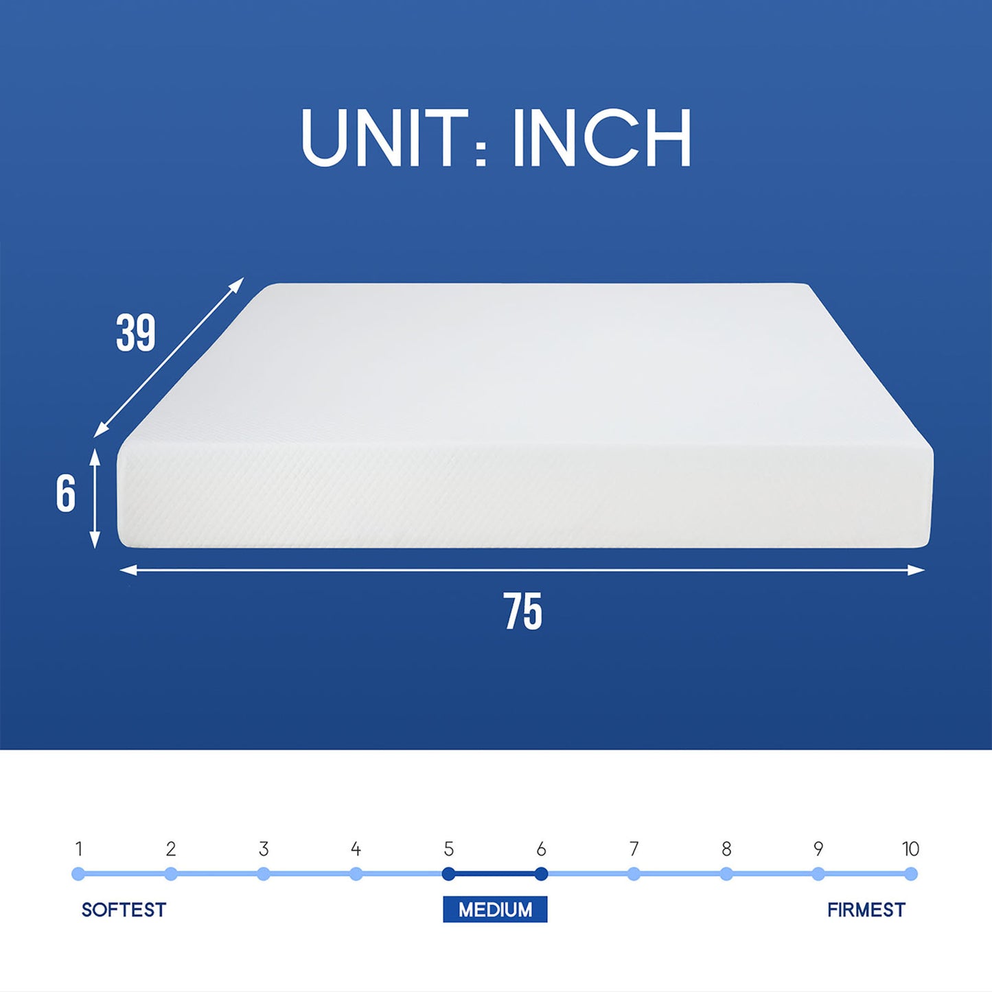 75"L x 39"W x 6"H White Plush Comfort Memory Foam Mattress , Roll-in-a-Box