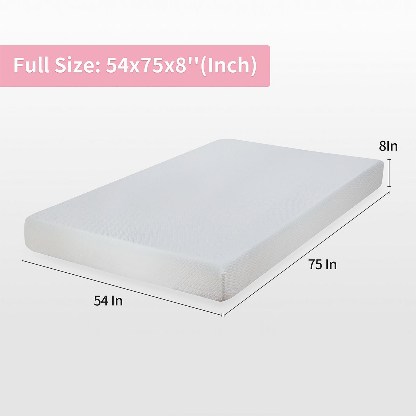 75"L x 54"W x 8"H White Memory Foam Mattress Plush Gel Infused Roll in a Box Full Size