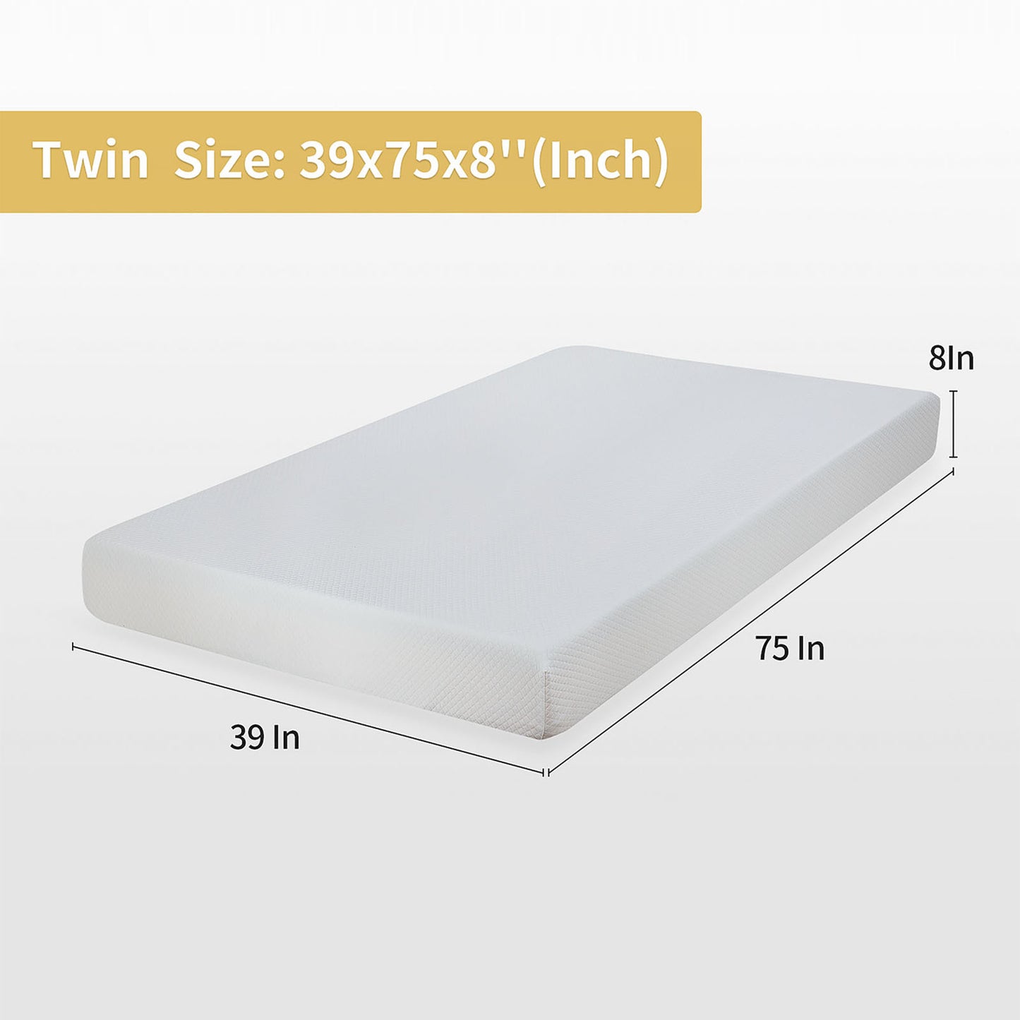 75“L x 39”W x 8“H White Plush Comfort Memory Foam Mattress