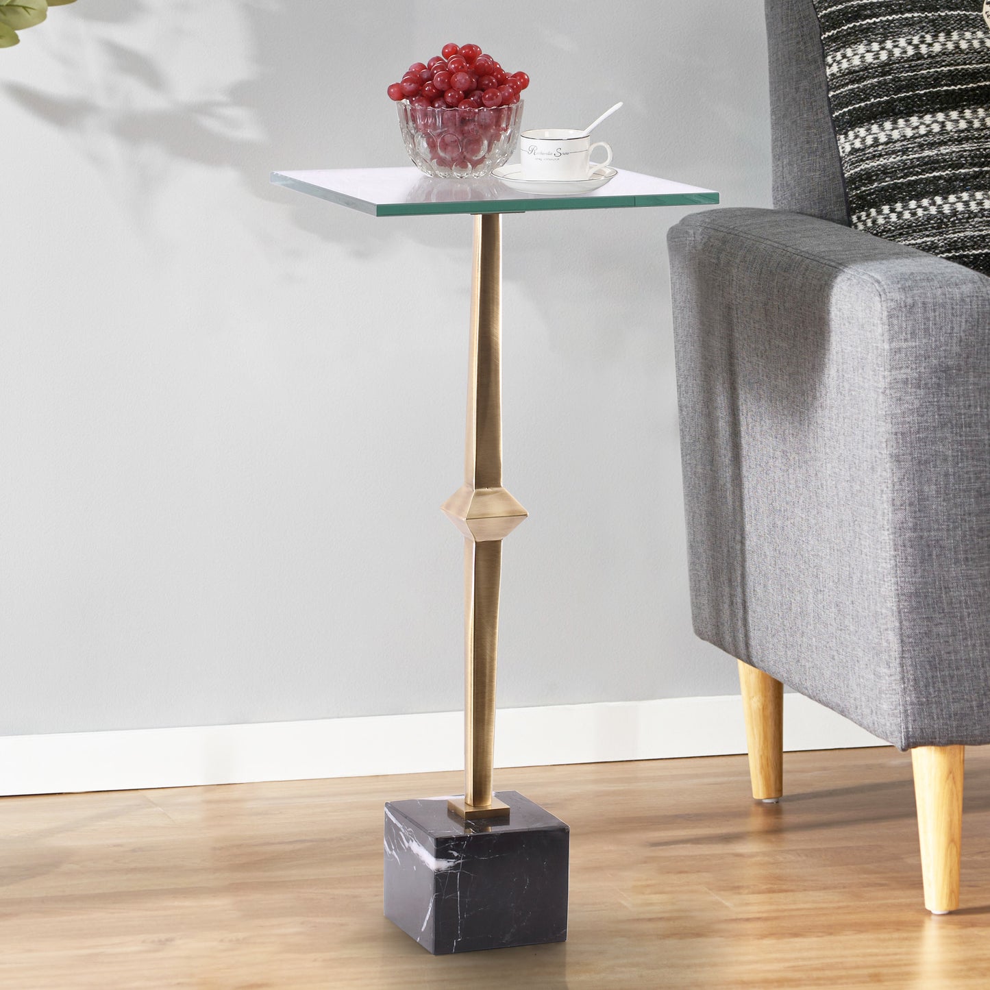 IHOMEADORE 11" Wide Antique Brass Square Glass Marble Pedestal Table Drink Table