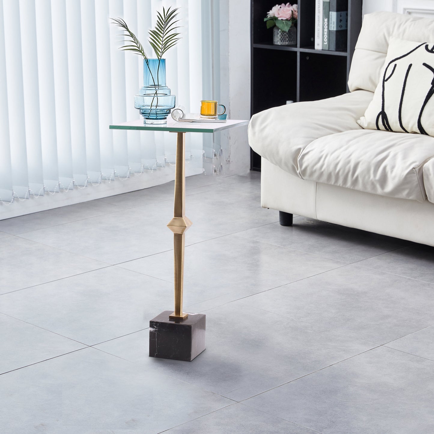 IHOMEADORE 11" Wide Antique Brass Square Glass Marble Pedestal Table Drink Table