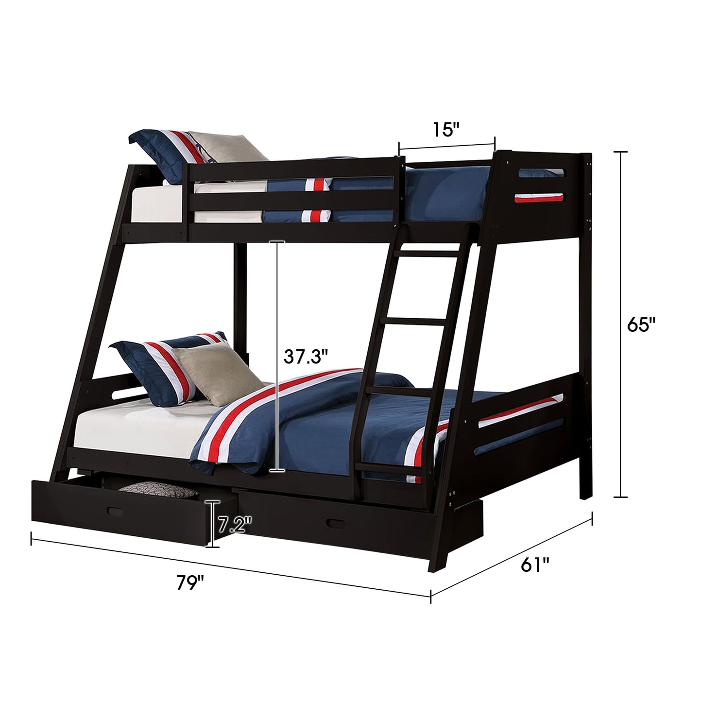 79"W Traditional Black Twin Over Full Bunk Bed with Slat Design and Storage Drawers