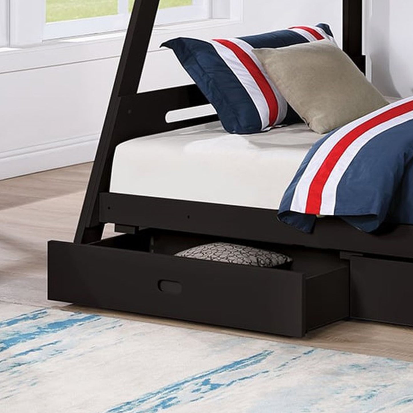 79"W Traditional Black Twin Over Full Bunk Bed with Slat Design and Storage Drawers