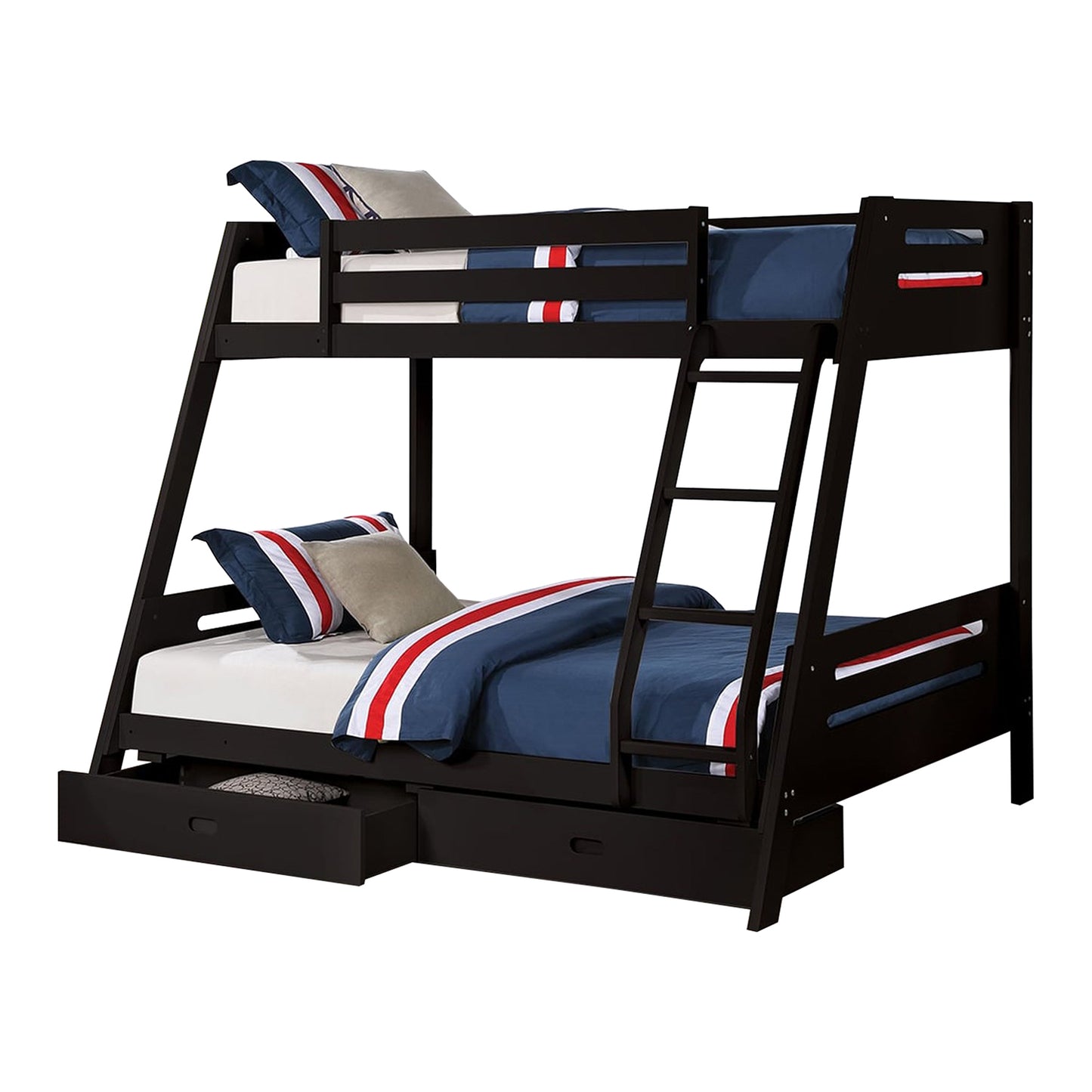 79"W Traditional Black Twin Over Full Bunk Bed with Slat Design and Storage Drawers