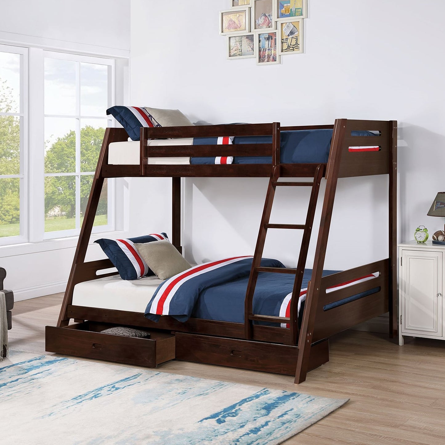 79"W x 61"D x 65"H Traditional Espresso Twin Over Full Bunk Bed with Slat Design Ladder and Storage Drawers