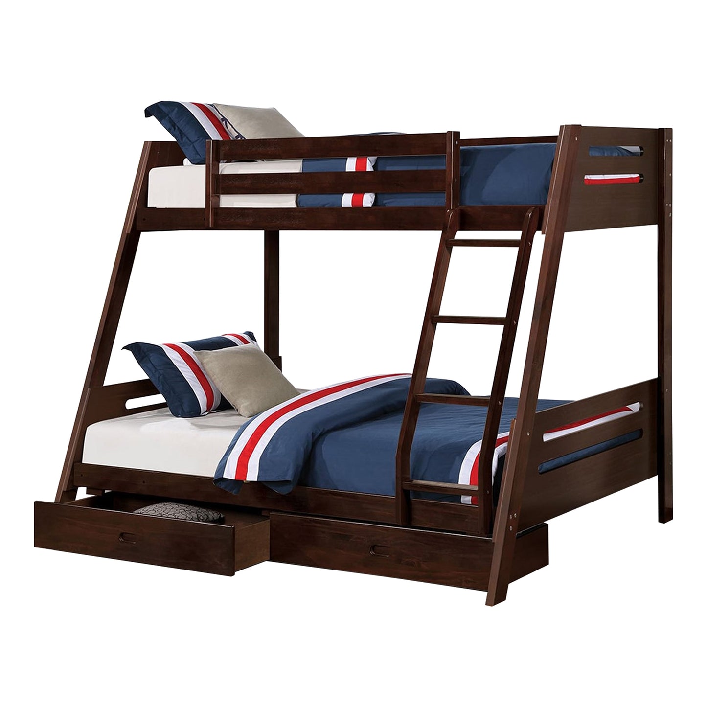 79"W x 61"D x 65"H Traditional Espresso Twin Over Full Bunk Bed with Slat Design Ladder and Storage Drawers