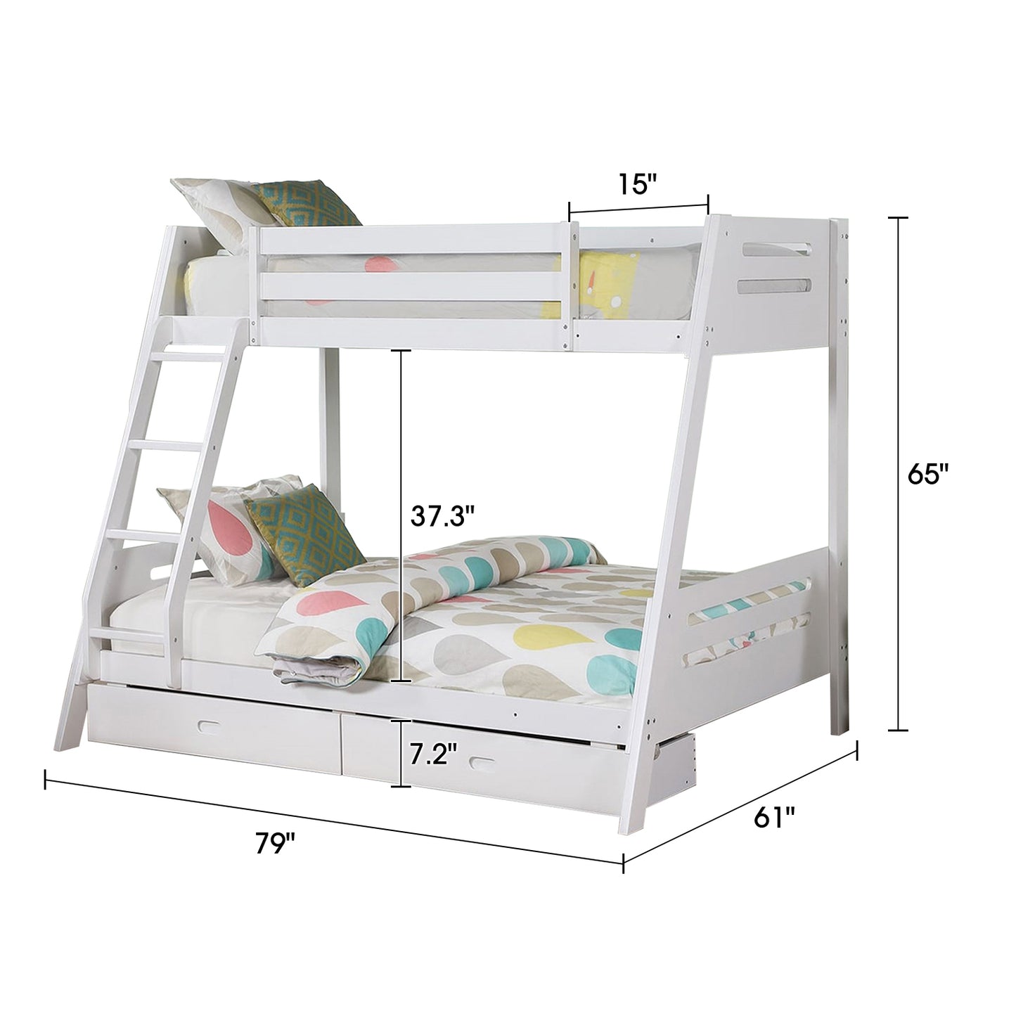 79"W x 61"D x 65"H Modern White Twin Over Full Bunk Bed with Slat Design Ladder and Storage Drawers