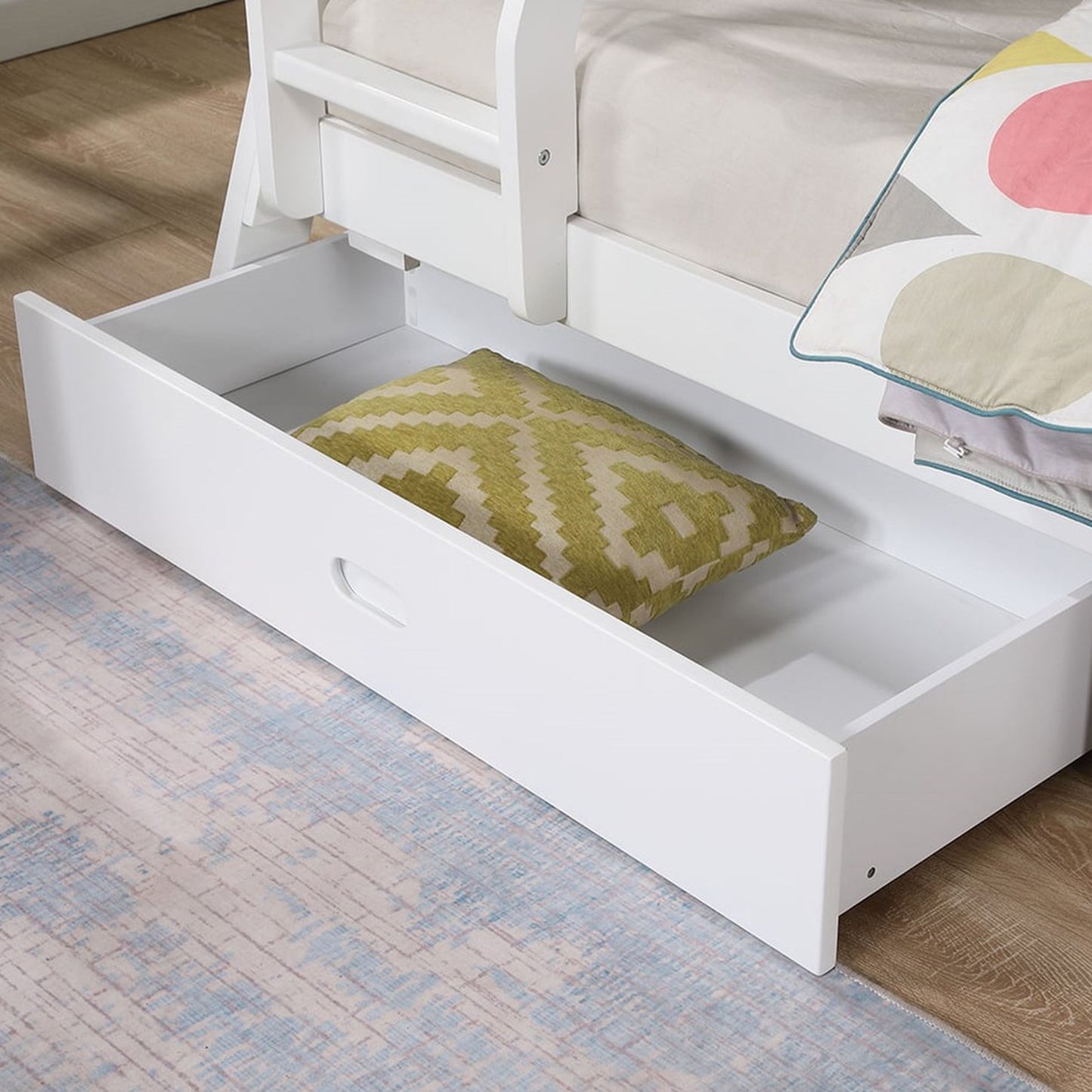 79"W x 61"D x 65"H Modern White Twin Over Full Bunk Bed with Slat Design Ladder and Storage Drawers