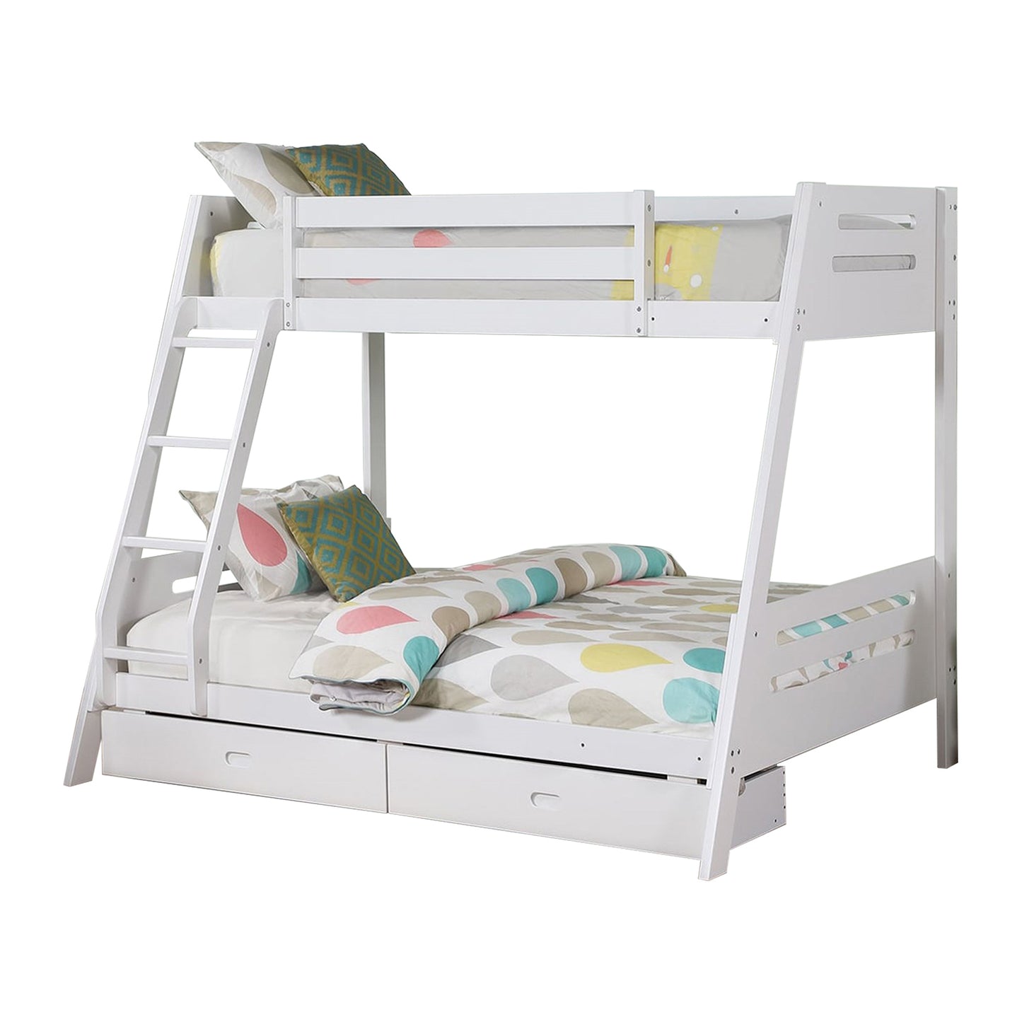 79"W x 61"D x 65"H Modern White Twin Over Full Bunk Bed with Slat Design Ladder and Storage Drawers