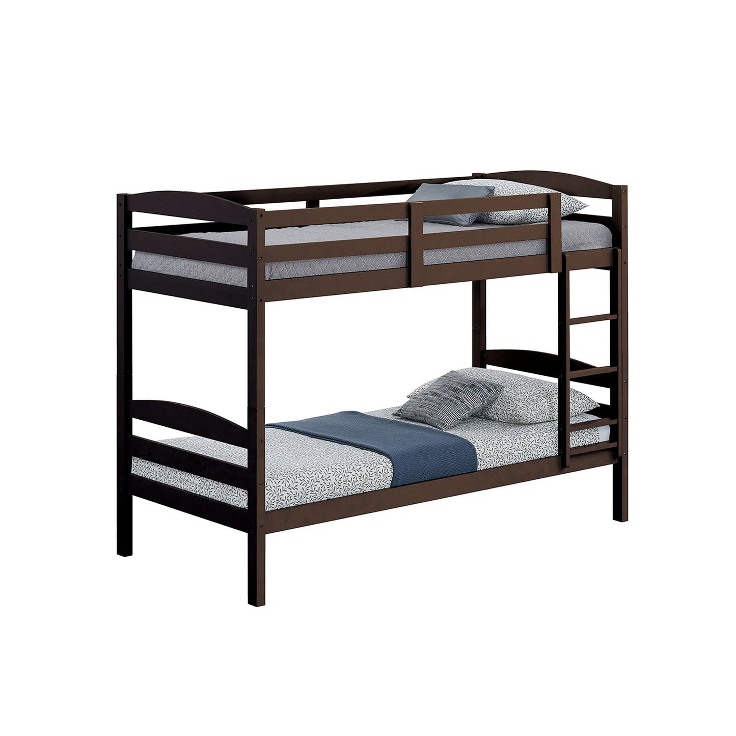 79”W x 42.5“D x 65”H Traditional Espresso Twin over Twin Bunk Bed with Arch Slat Design