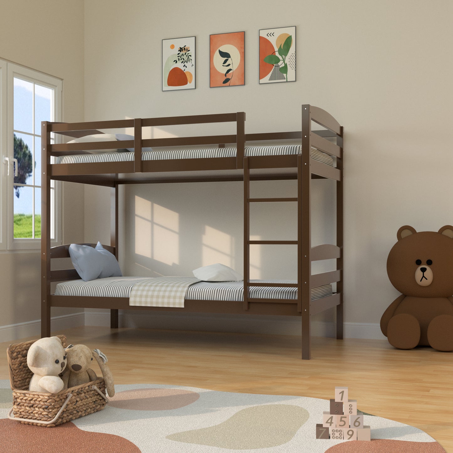 79”W x 42.5“D x 65”H Traditional Espresso Twin over Twin Bunk Bed with Arch Slat Design