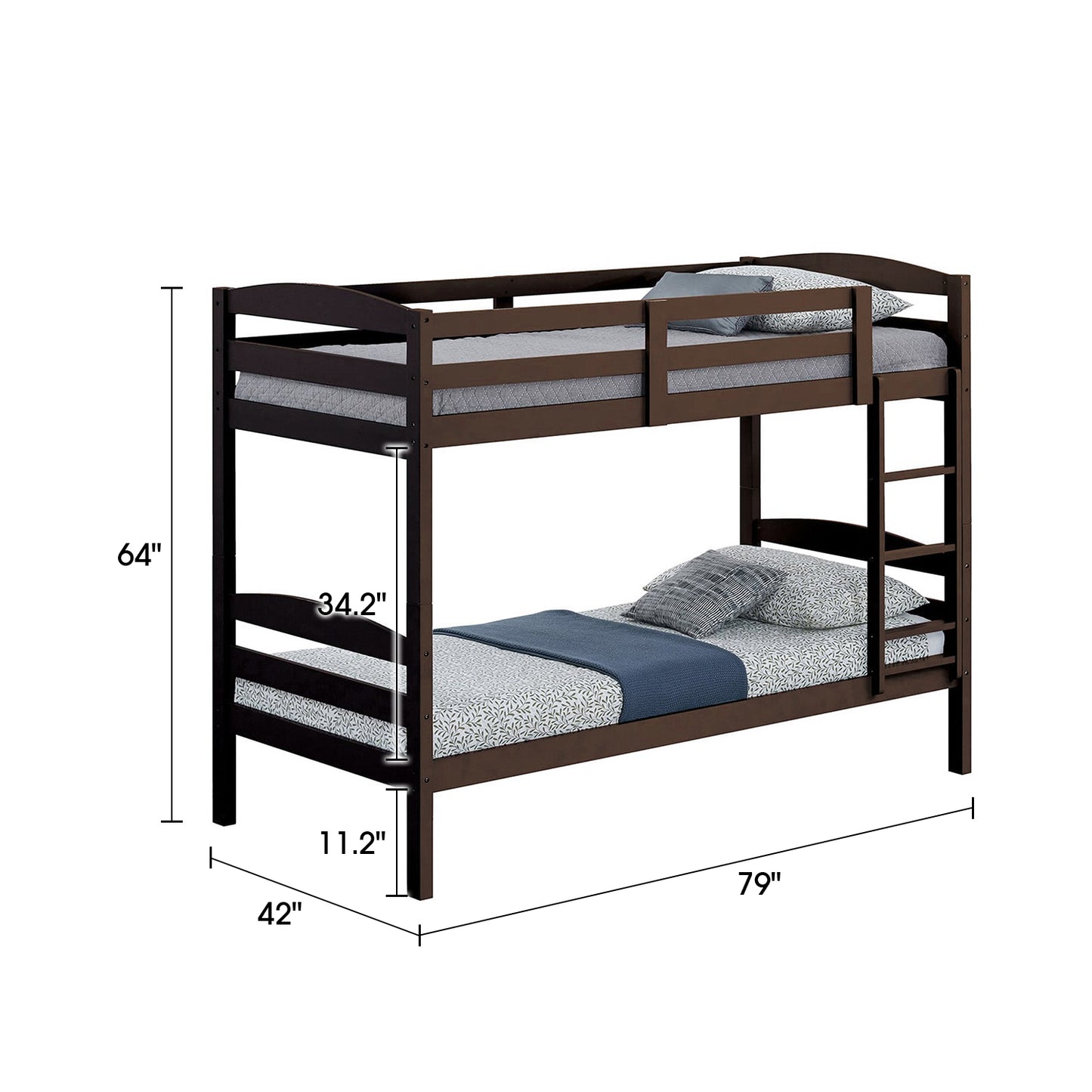 79”W x 42.5“D x 65”H Traditional Espresso Twin over Twin Bunk Bed with Arch Slat Design