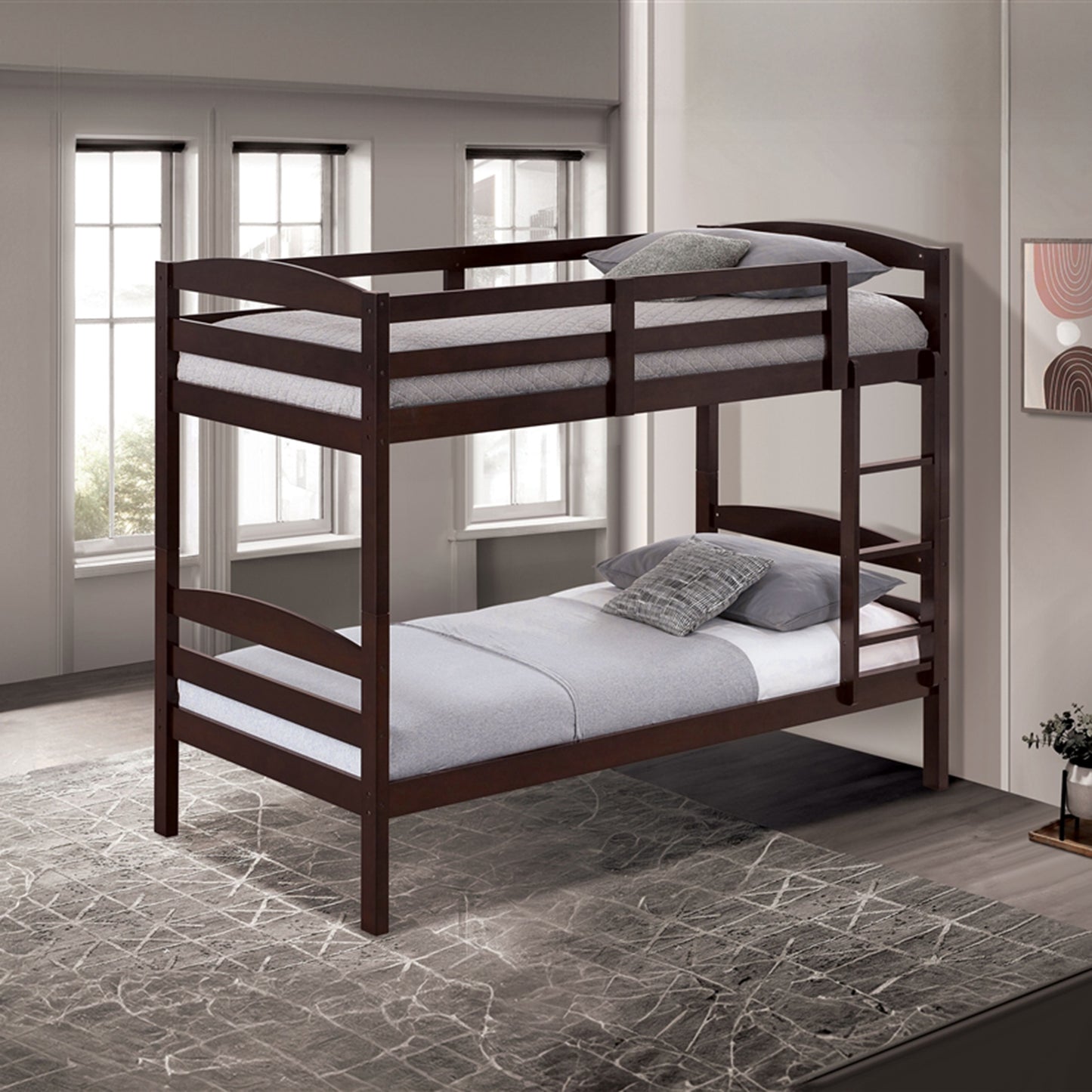 79”W x 42.5“D x 65”H Traditional Espresso Twin over Twin Bunk Bed with Arch Slat Design