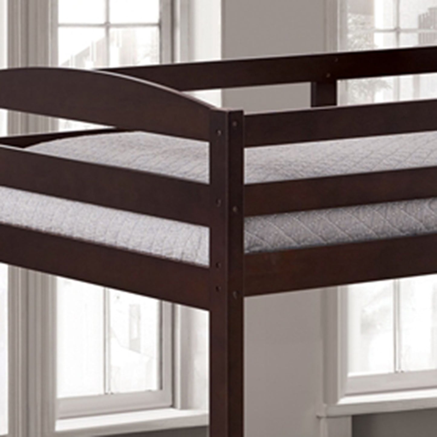 79”W x 42.5“D x 65”H Traditional Espresso Twin over Twin Bunk Bed with Arch Slat Design