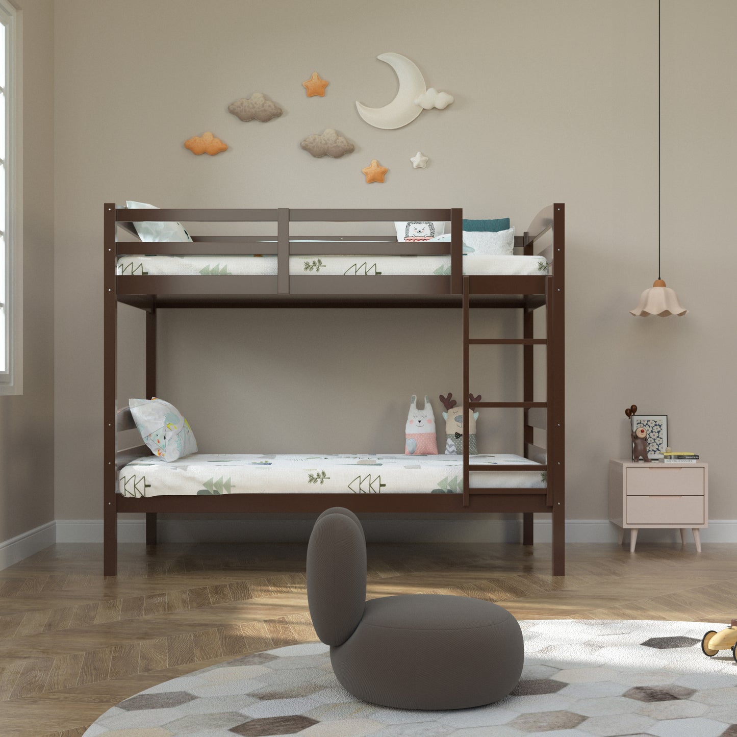79”W x 42.5“D x 65”H Traditional Espresso Twin over Twin Bunk Bed with Arch Slat Design