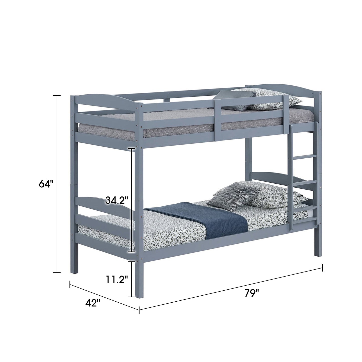 79“W x 42.5”D x 65“H Traditional Gray Twin over Twin Bunk Bed with Arch Slat Design