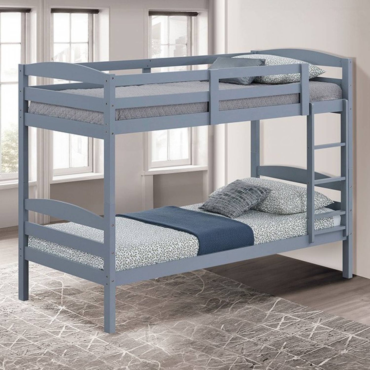 79“W x 42.5”D x 65“H Traditional Gray Twin over Twin Bunk Bed with Arch Slat Design