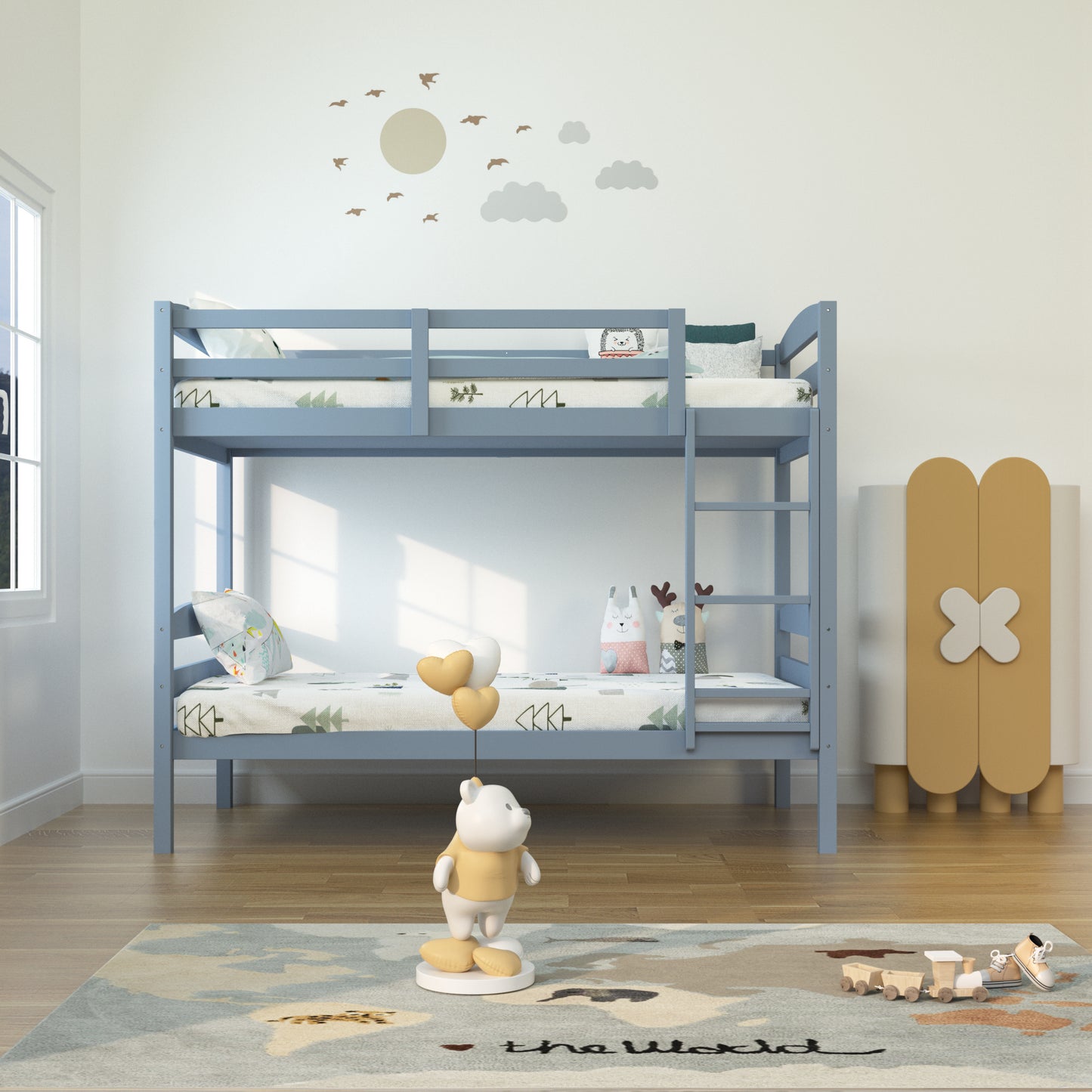 79“W x 42.5”D x 65“H Traditional Gray Twin over Twin Bunk Bed with Arch Slat Design