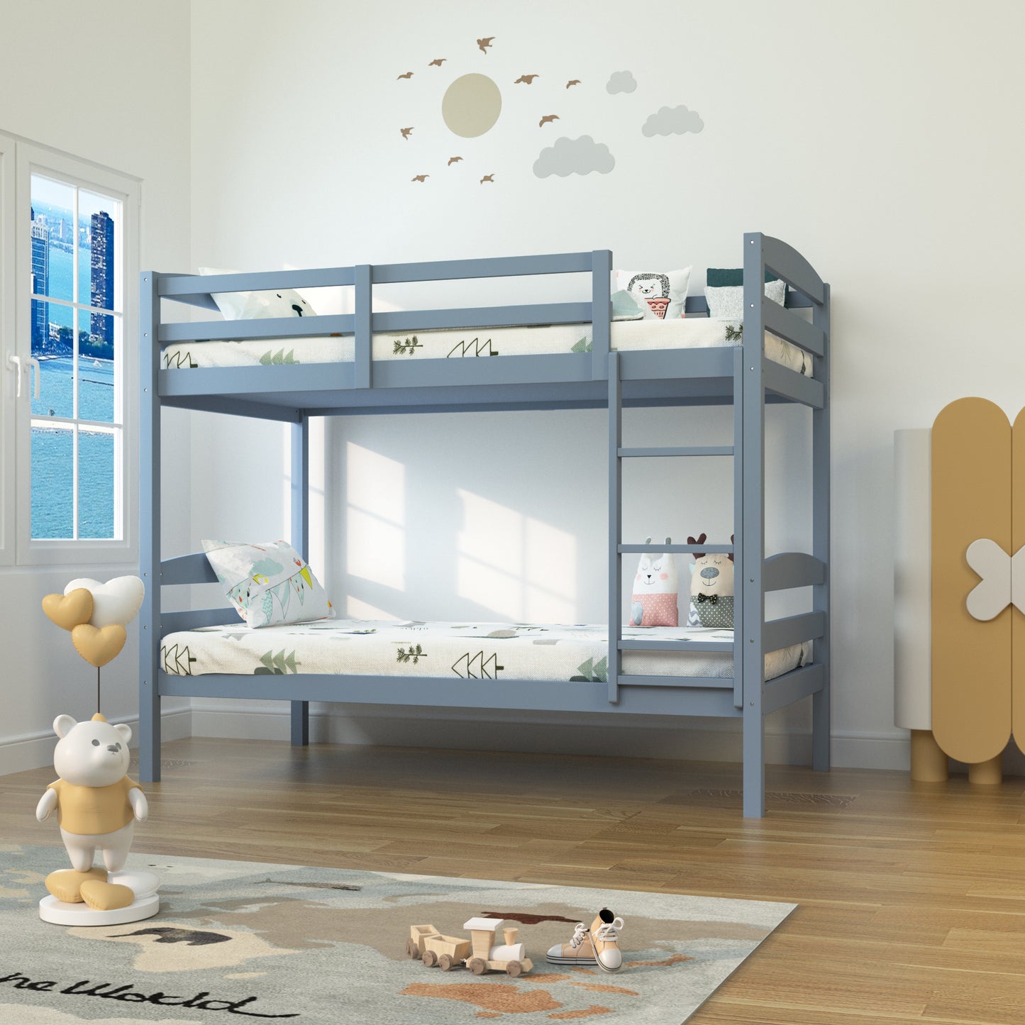 79“W x 42.5”D x 65“H Traditional Gray Twin over Twin Bunk Bed with Arch Slat Design