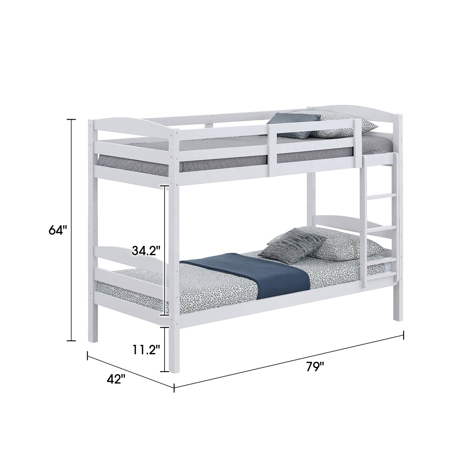 79"W x 42.5"D x 65"H Modern White Twin over Twin Bunk Bed with Arch Slat Design