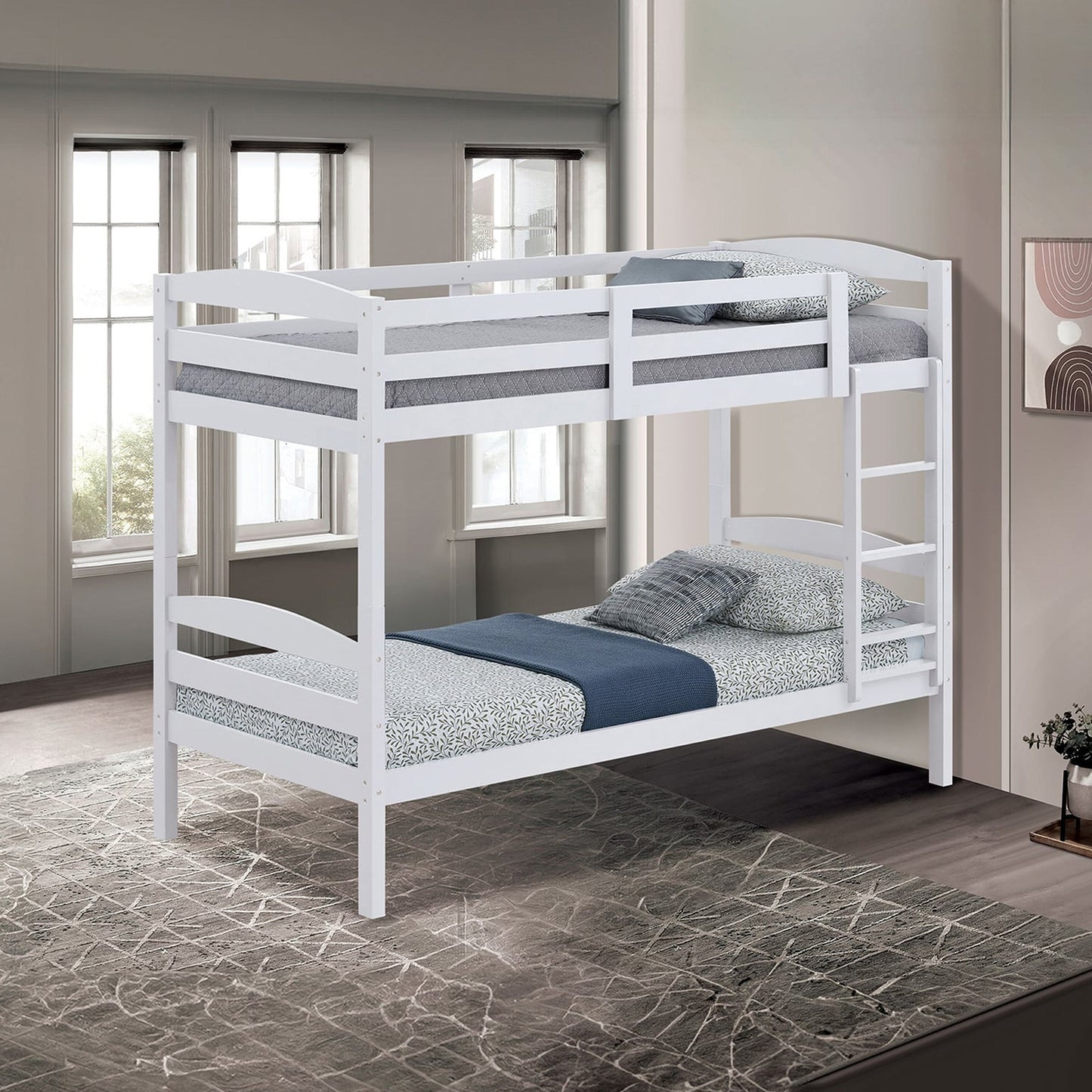 79"W x 42.5"D x 65"H Modern White Twin over Twin Bunk Bed with Arch Slat Design