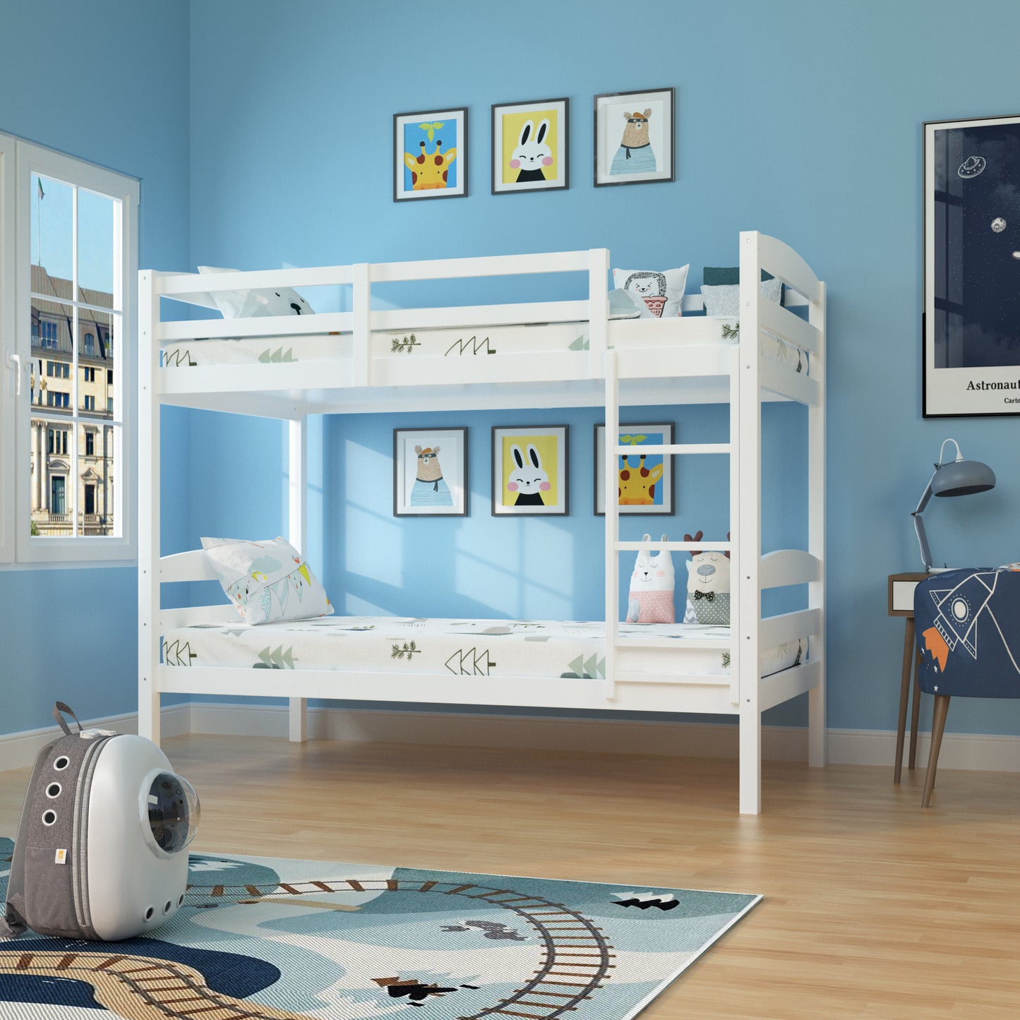79"W x 42.5"D x 65"H Modern White Twin over Twin Bunk Bed with Arch Slat Design