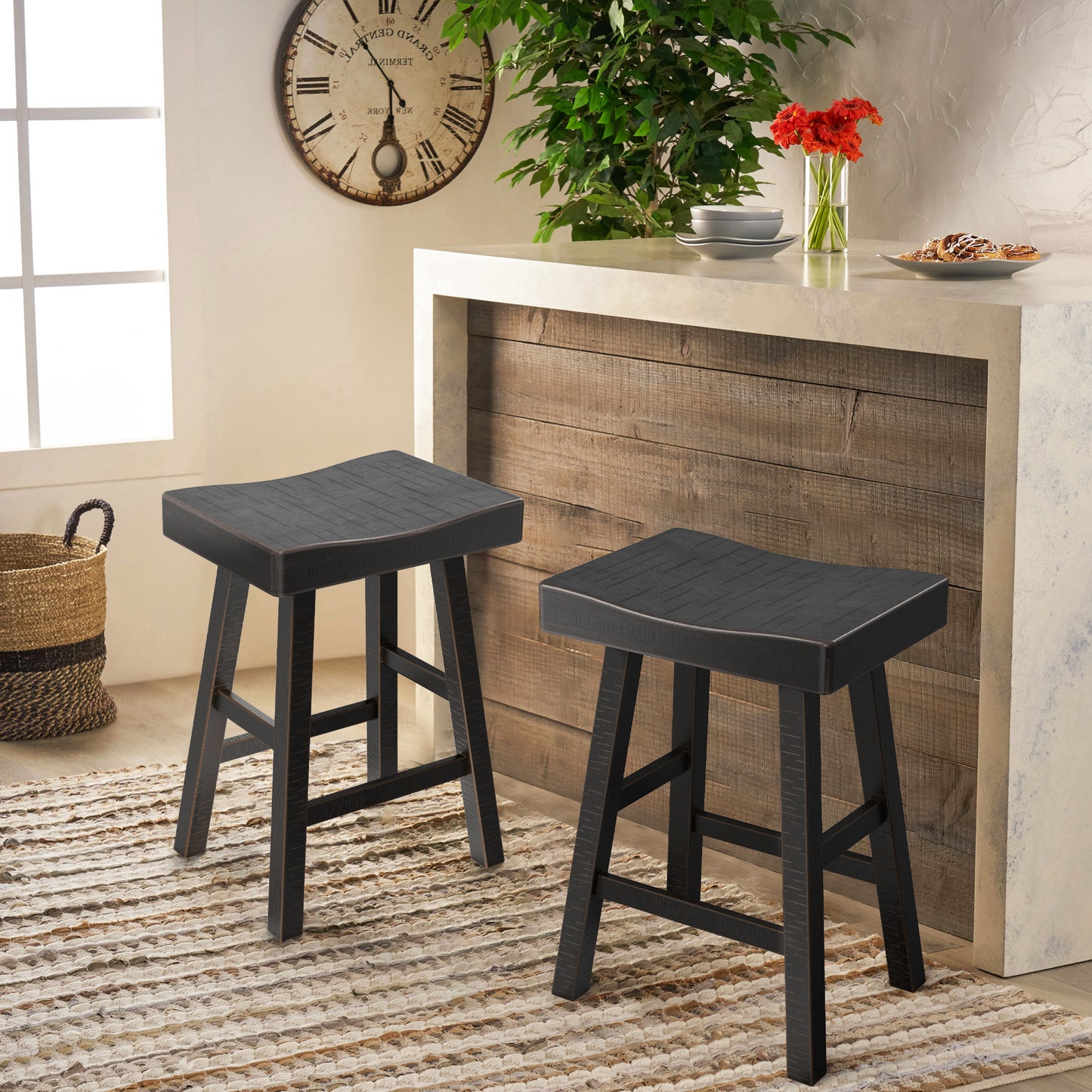 24”H Traditional Black Solid Wood Counter Stool with Contour Seat