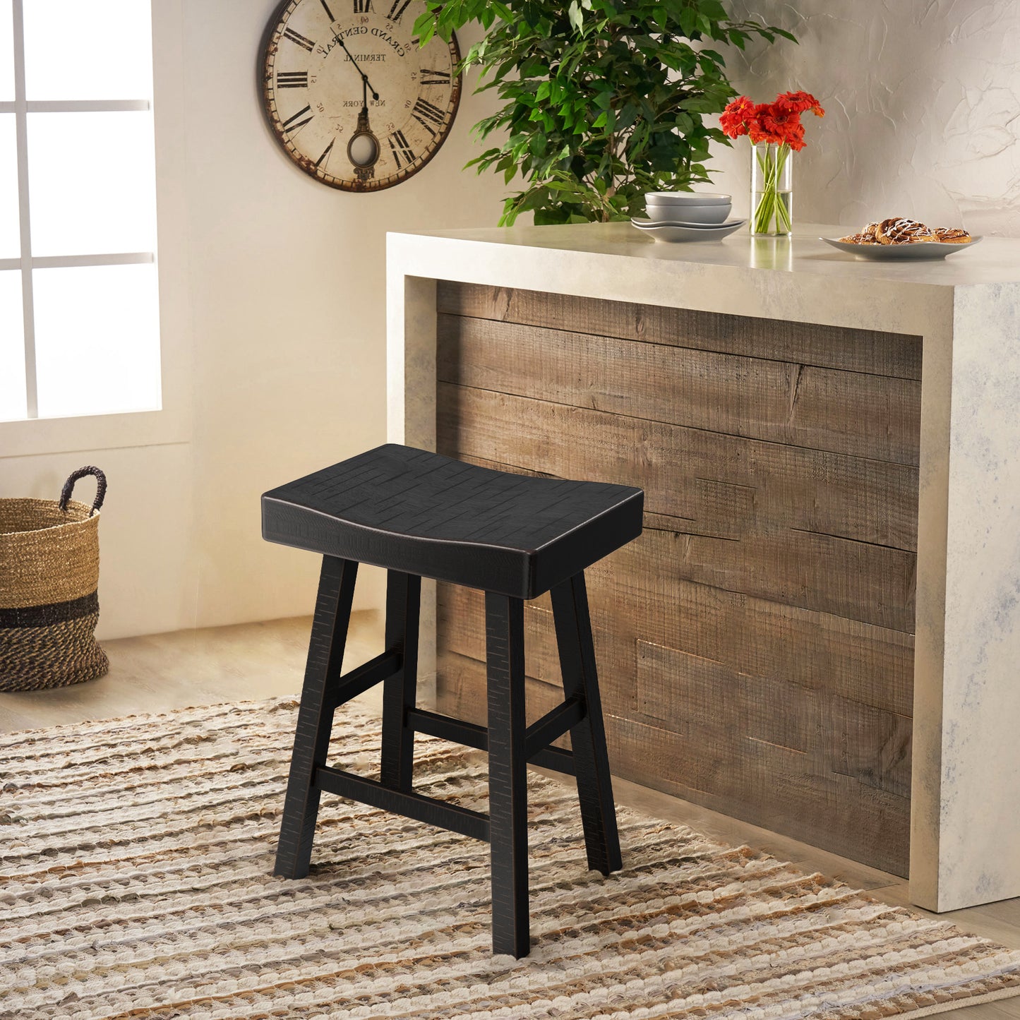 24”H Traditional Black Solid Wood Counter Stool with Contour Seat