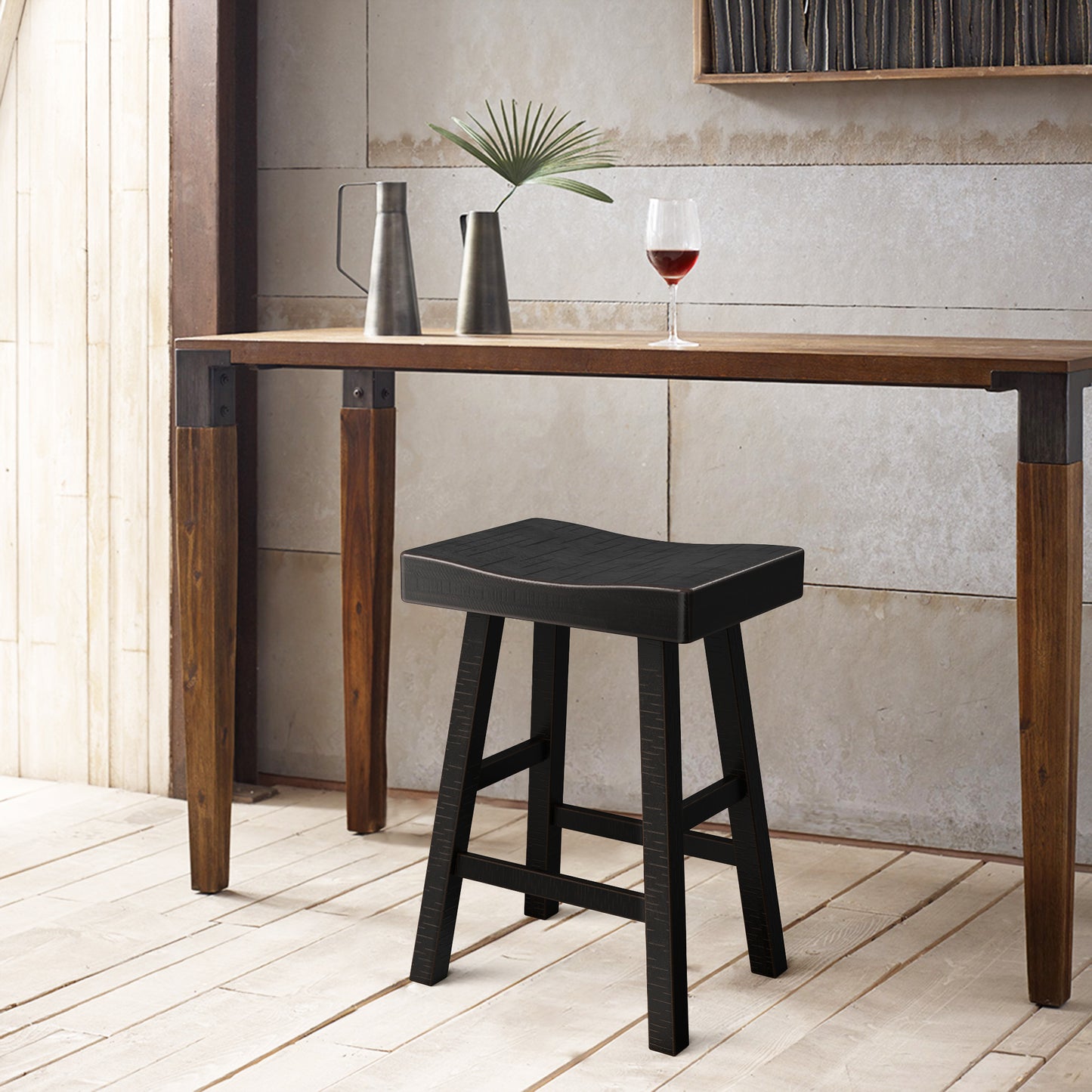 24”H Traditional Black Solid Wood Counter Stool with Contour Seat