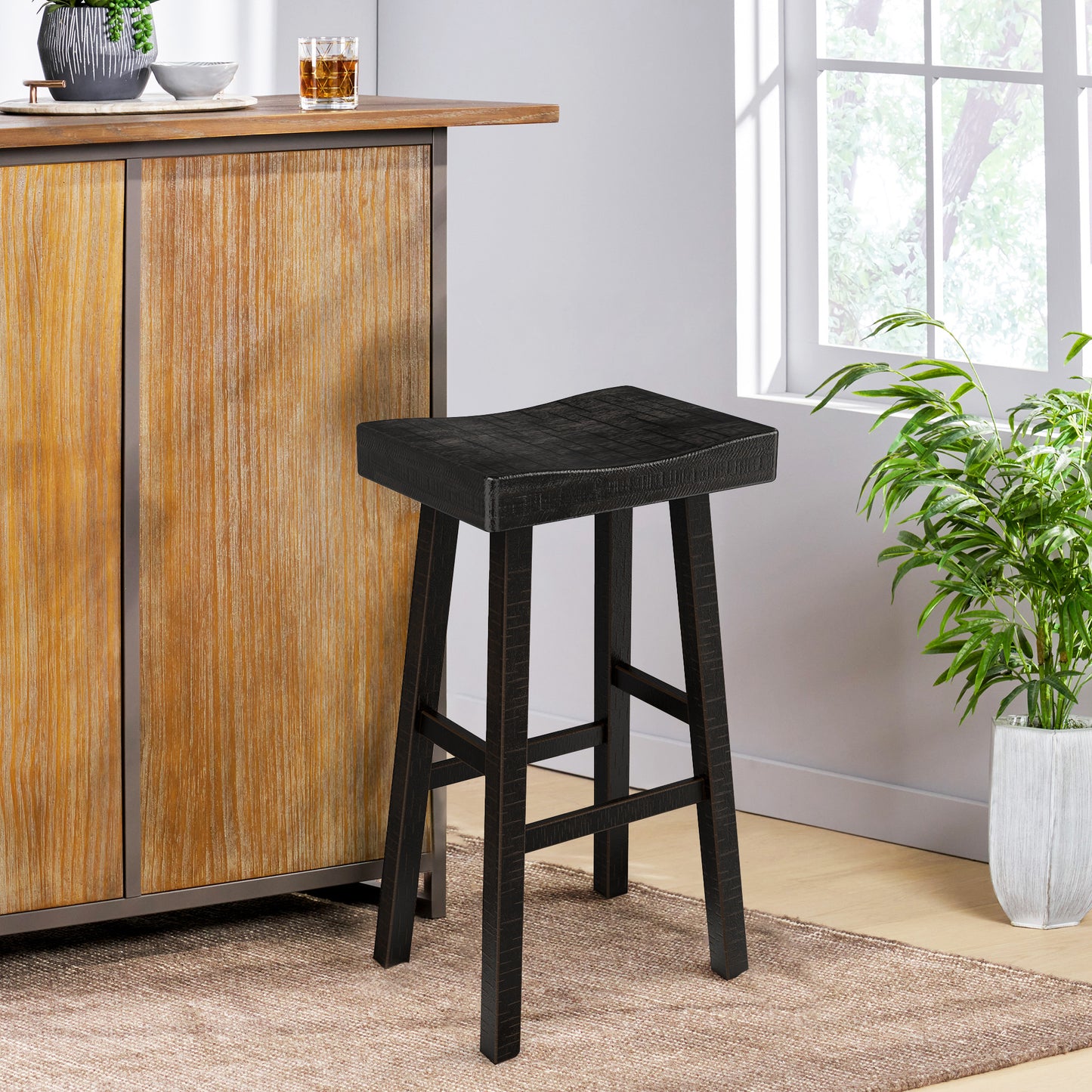 17.5"W x 13"D x 31"H Modern Black Solid Wood Stool with Contour Seat