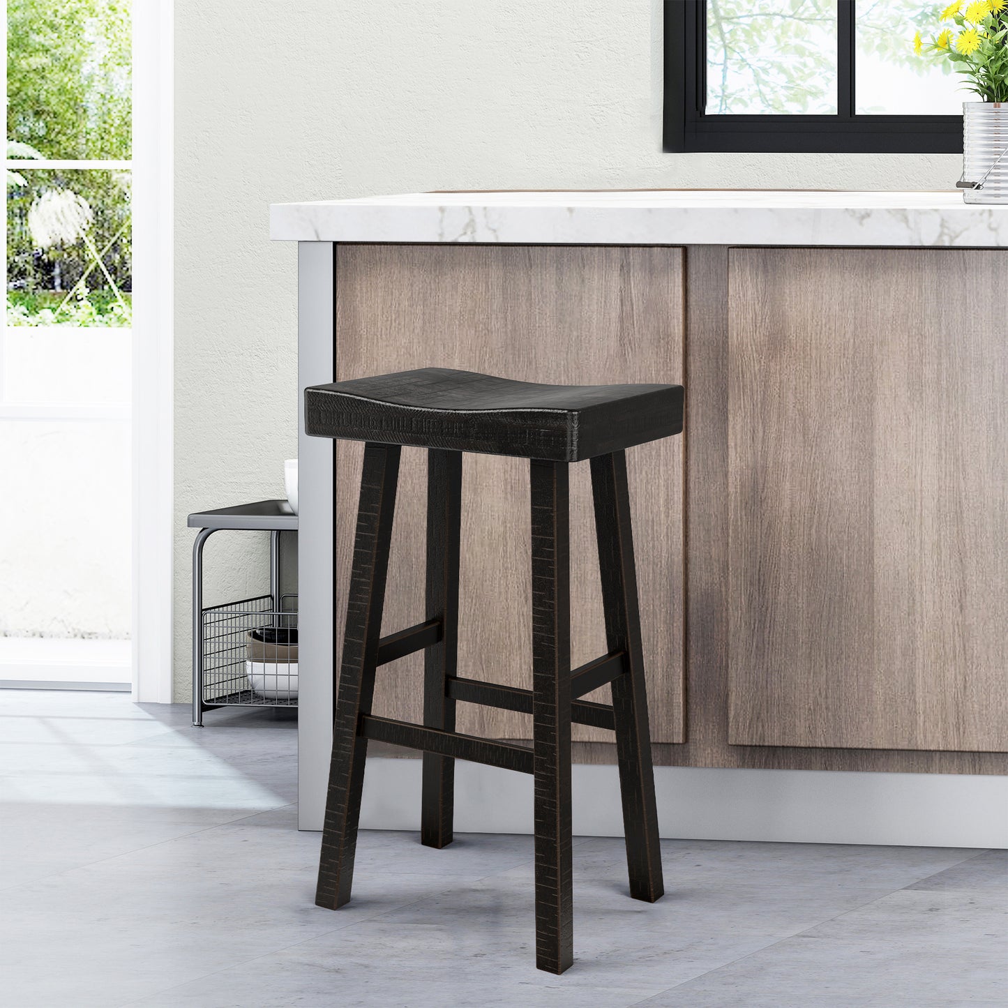17.5"W x 13"D x 31"H Modern Black Solid Wood Stool with Contour Seat