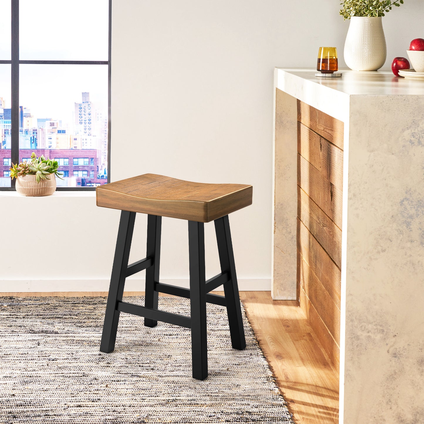 17.5“W x 13”D x 24“H Contemporary Oak and Black Solid Wood Stool with Contour Seat