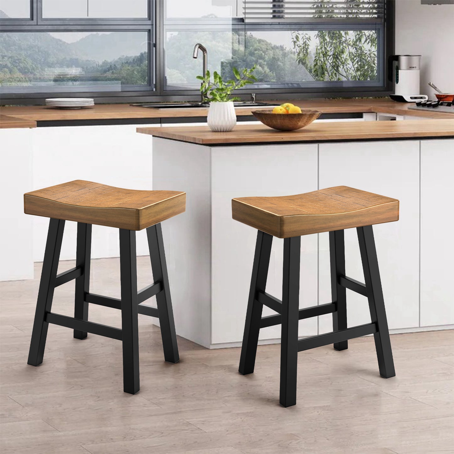 17.5“W x 13”D x 24“H Contemporary Oak and Black Solid Wood Stool with Contour Seat