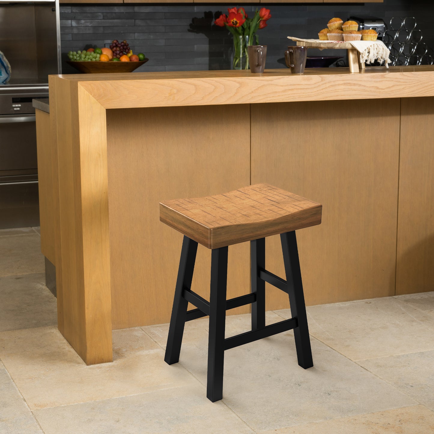 17.5“W x 13”D x 24“H Contemporary Oak and Black Solid Wood Stool with Contour Seat