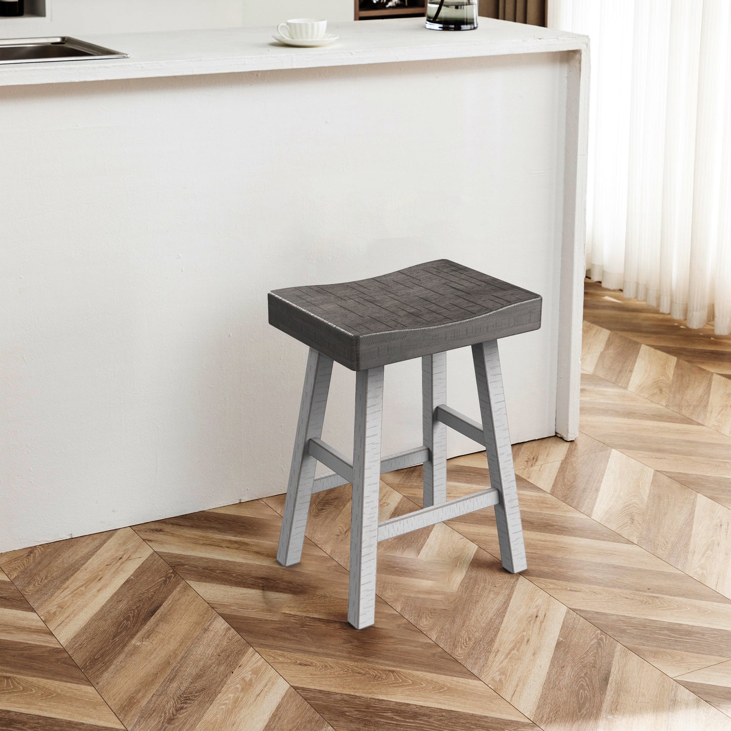 17.5"W x 13"D x 24"H Modern Gray White Solid Wood Stool with Contour Seat