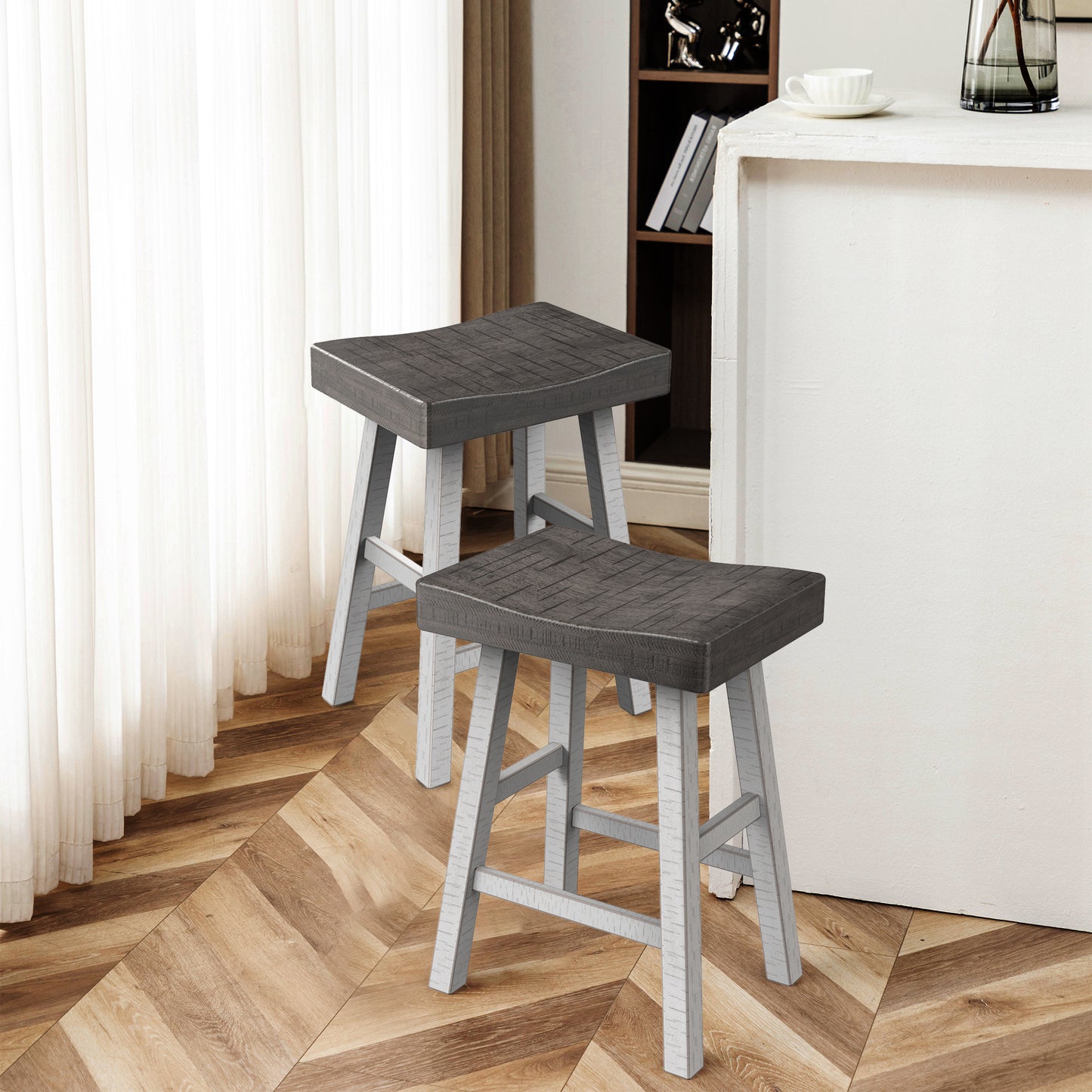 17.5"W x 13"D x 24"H Modern Gray White Solid Wood Stool with Contour Seat