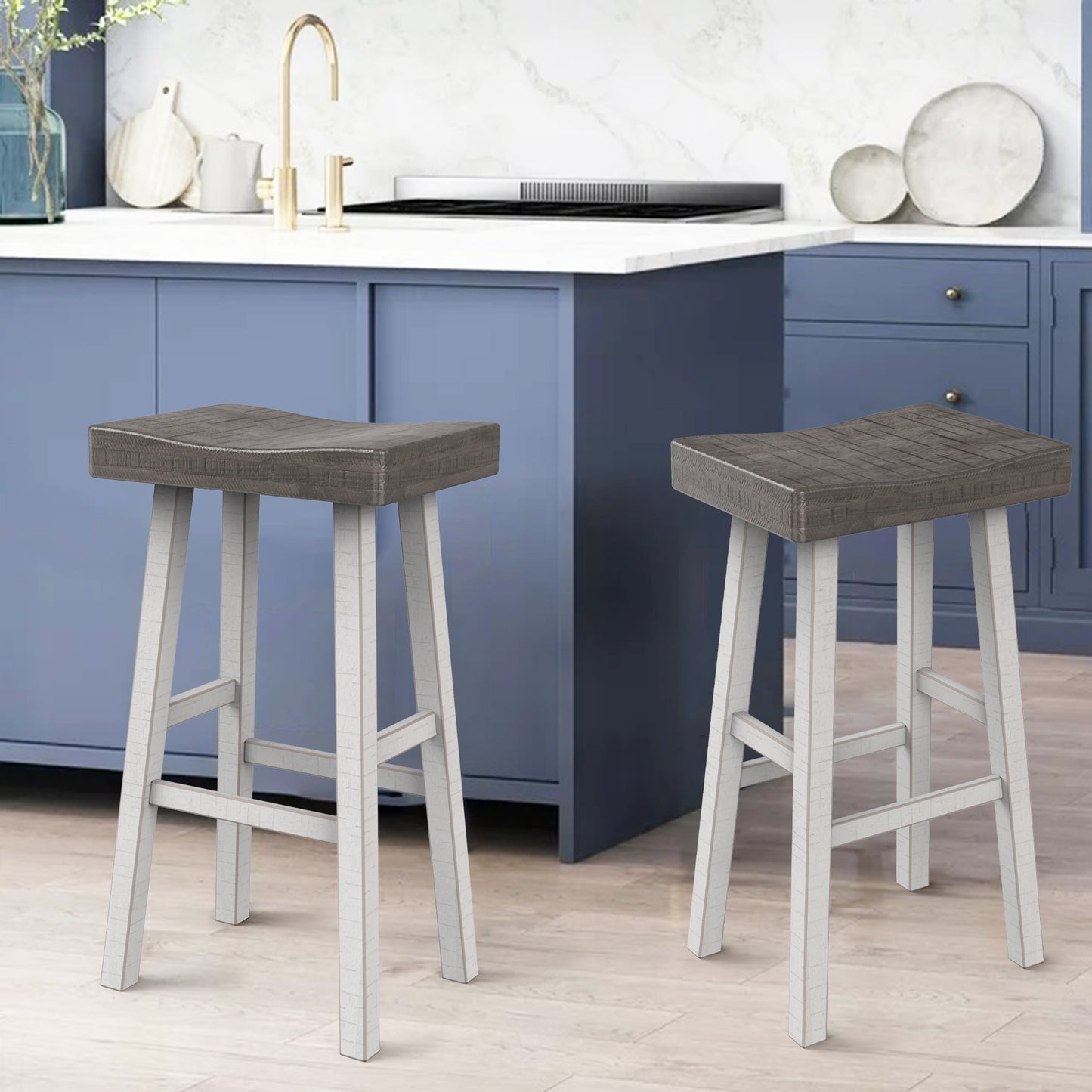 31"H Traditional Gray and White Solid Wood Stool with Contour Seat