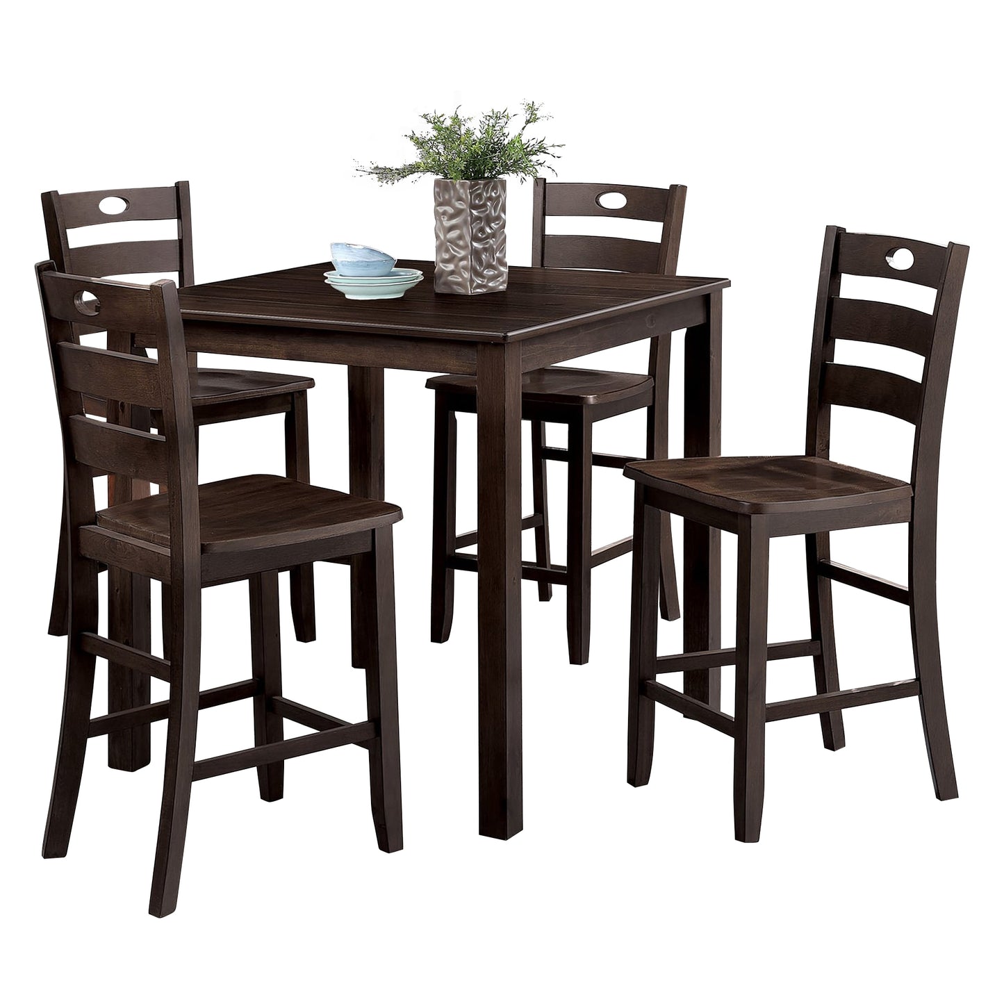36”W x 36“D x 30”H Traditional Walnut Solid Rubberwood and Wood Veneer 5 Piece Dining Table Set with Slat Back Chairs